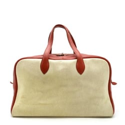 HERMES Victoria 43 Boston bag, handbag, travel toile ash, beige, red