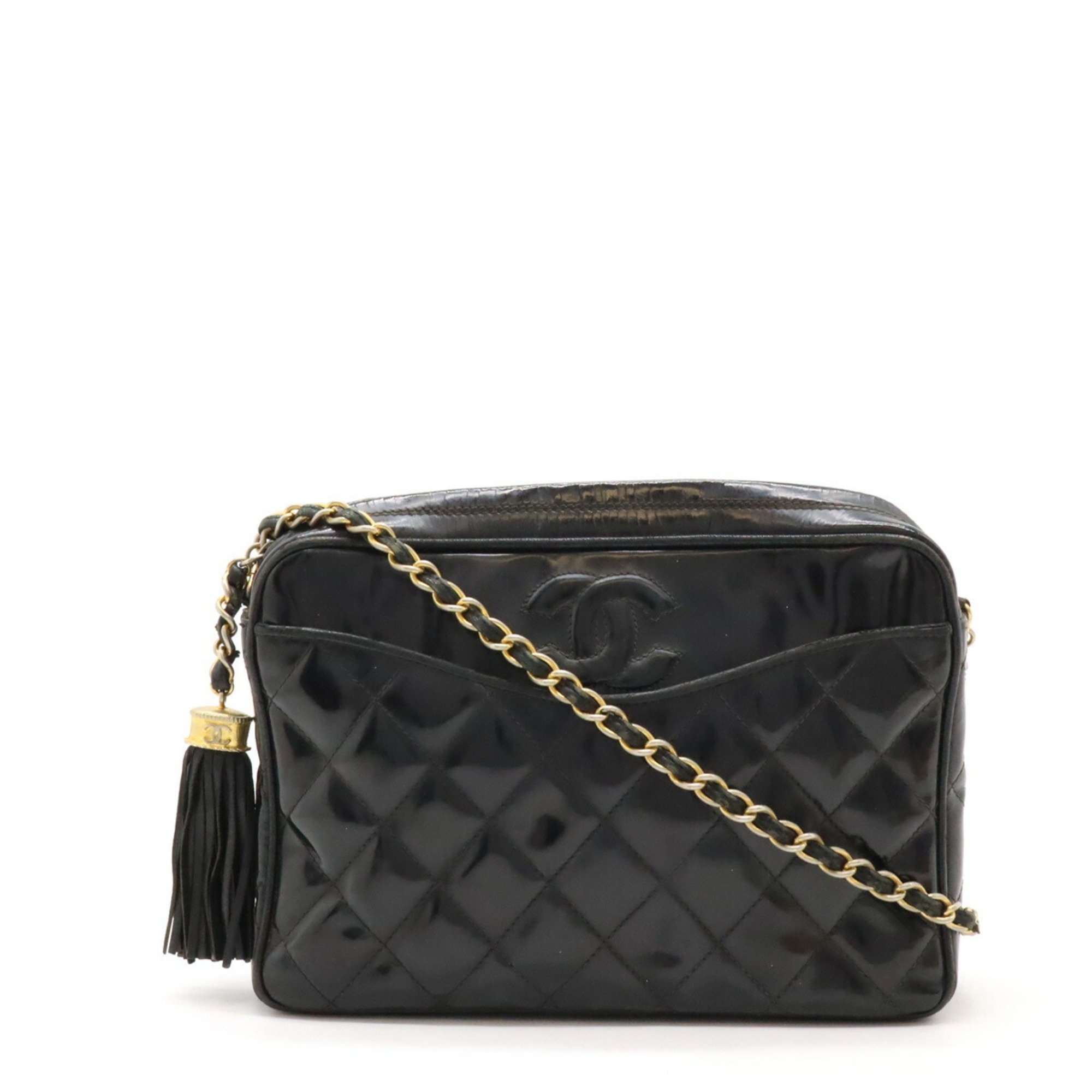 CHANEL Chanel Matelasse Coco Mark Chain Shoulder Bag Patent Leather Enamel Black