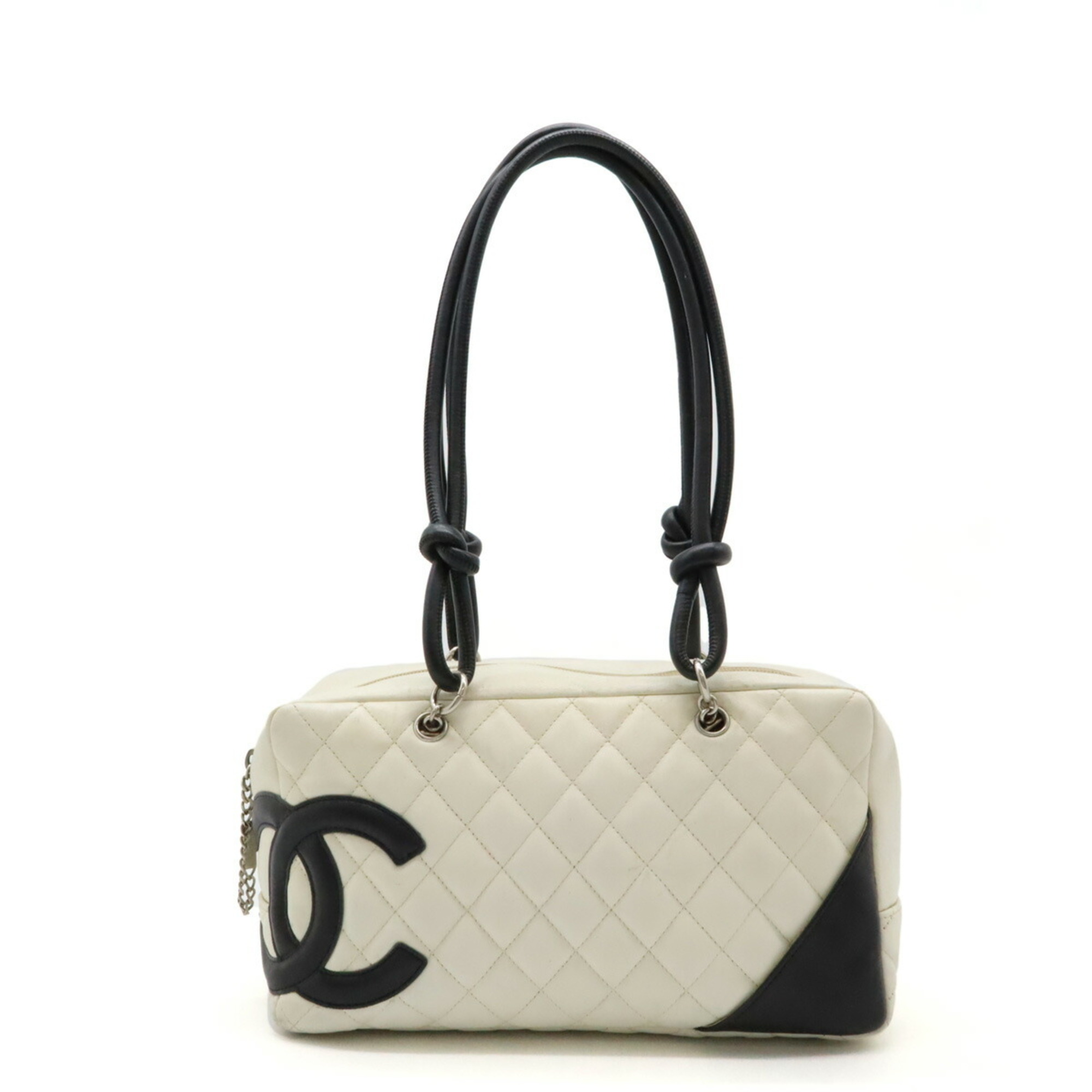 CHANEL Cambon Line Bag Bowling Shoulder Leather White Black A25171