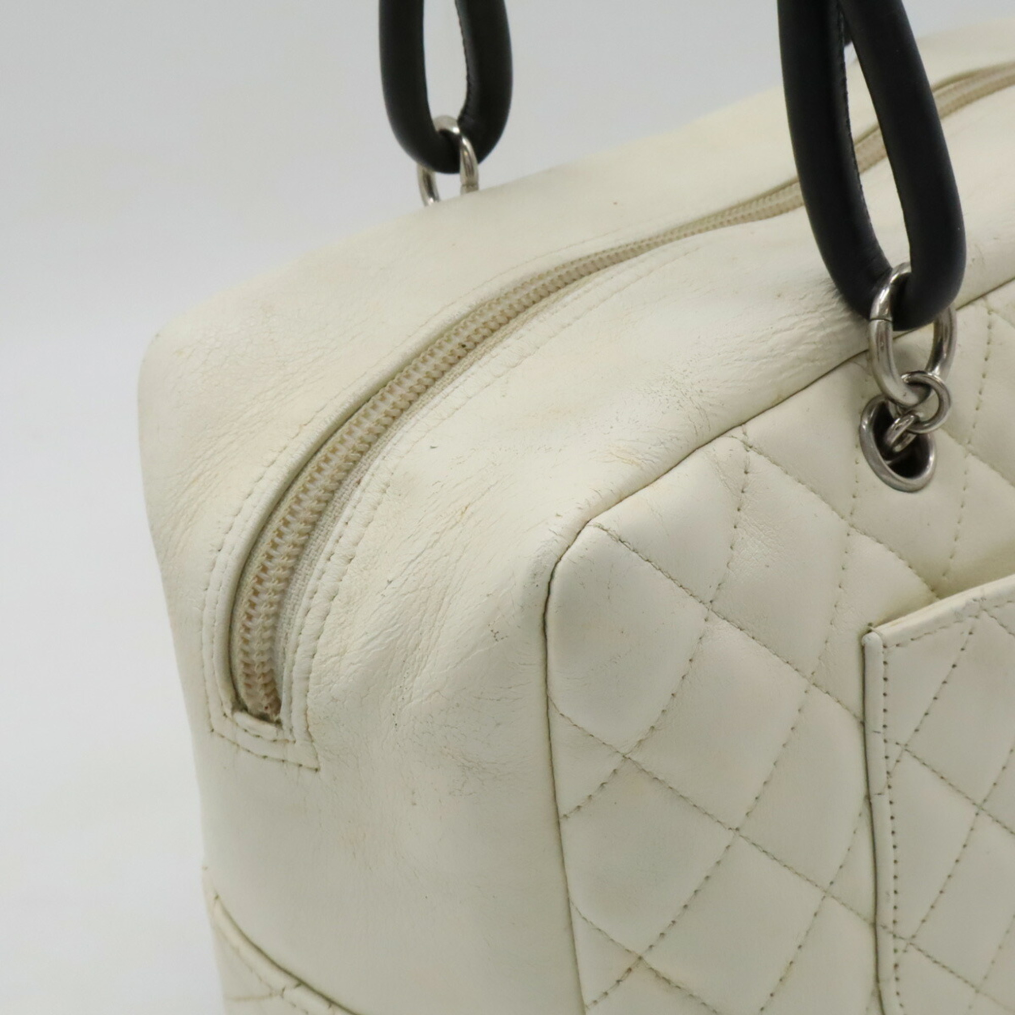 CHANEL Cambon Line Bag Bowling Shoulder Leather White Black A25171