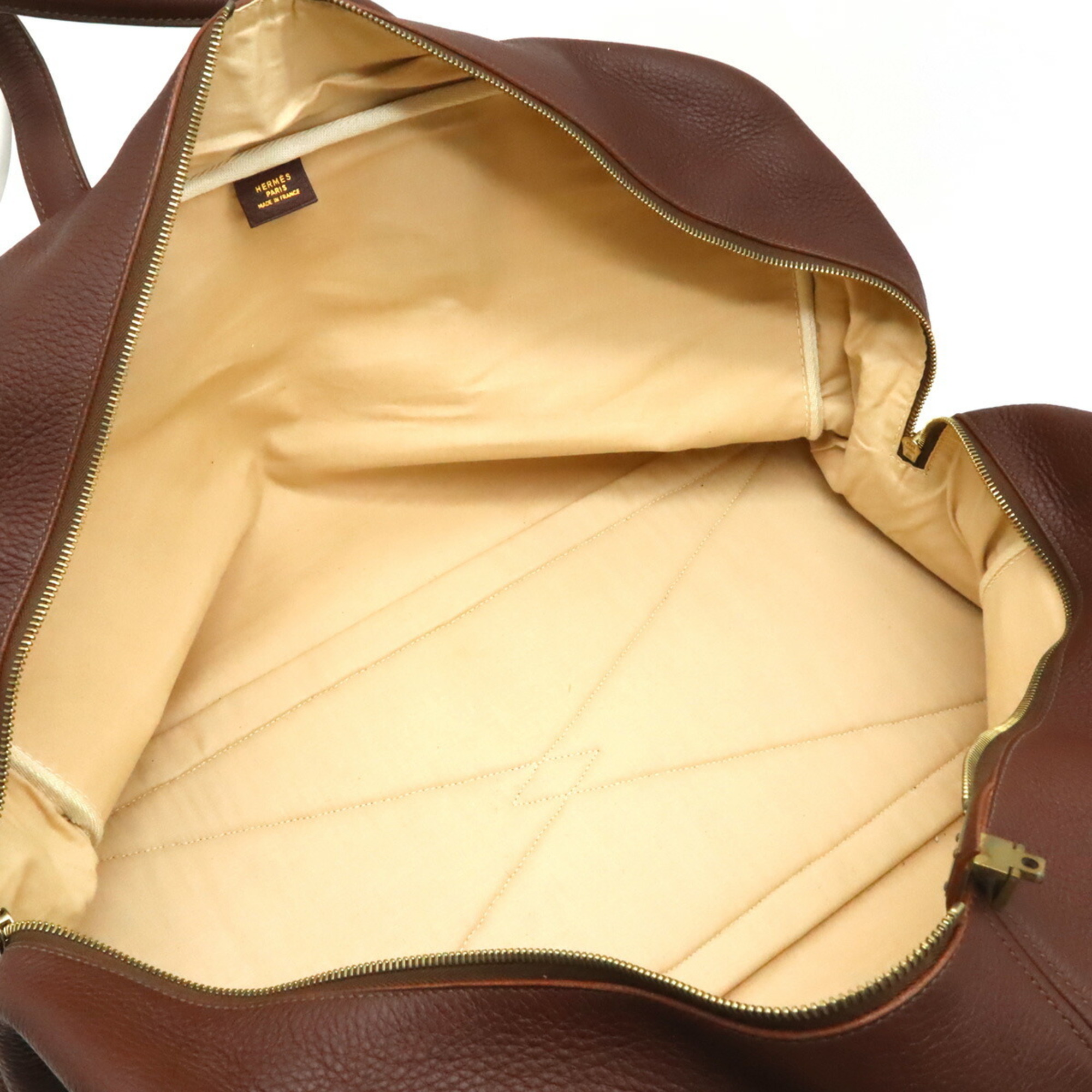 HERMES Victoria 50 Boston Bag Travel Toile H Taurillon Clemence Beige Tail Brown