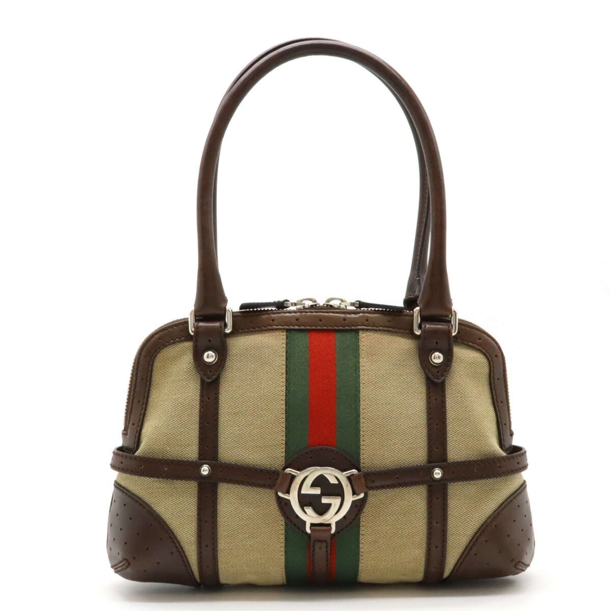 GUCCI Gucci Sherry Line Punching Handbag Tote Bag Canvas Leather Beige Dark Brown 114882