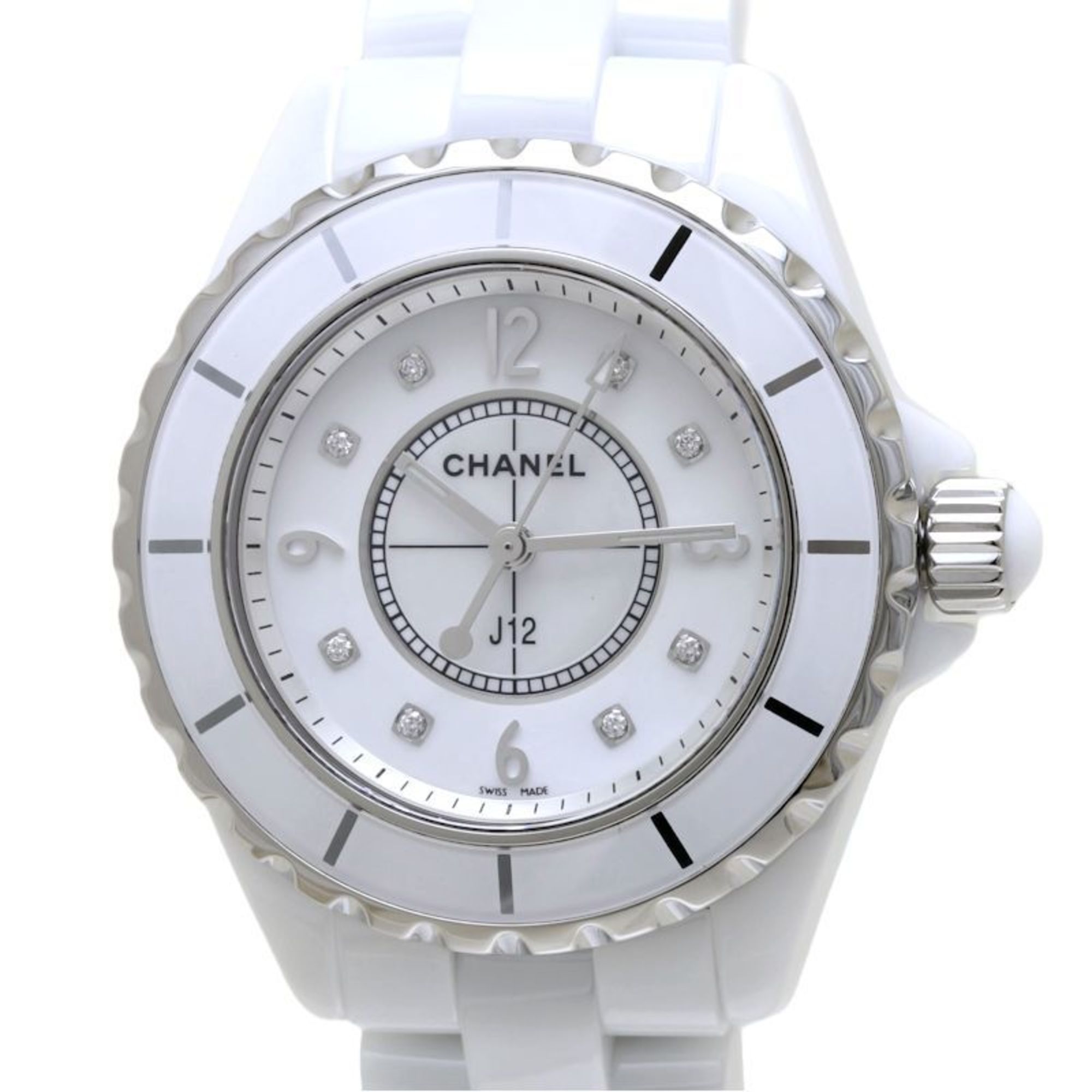 CHANEL J12 8P Diamond White Shell H2422 Ceramic x Stainless Steel Ladies 39634 Watch