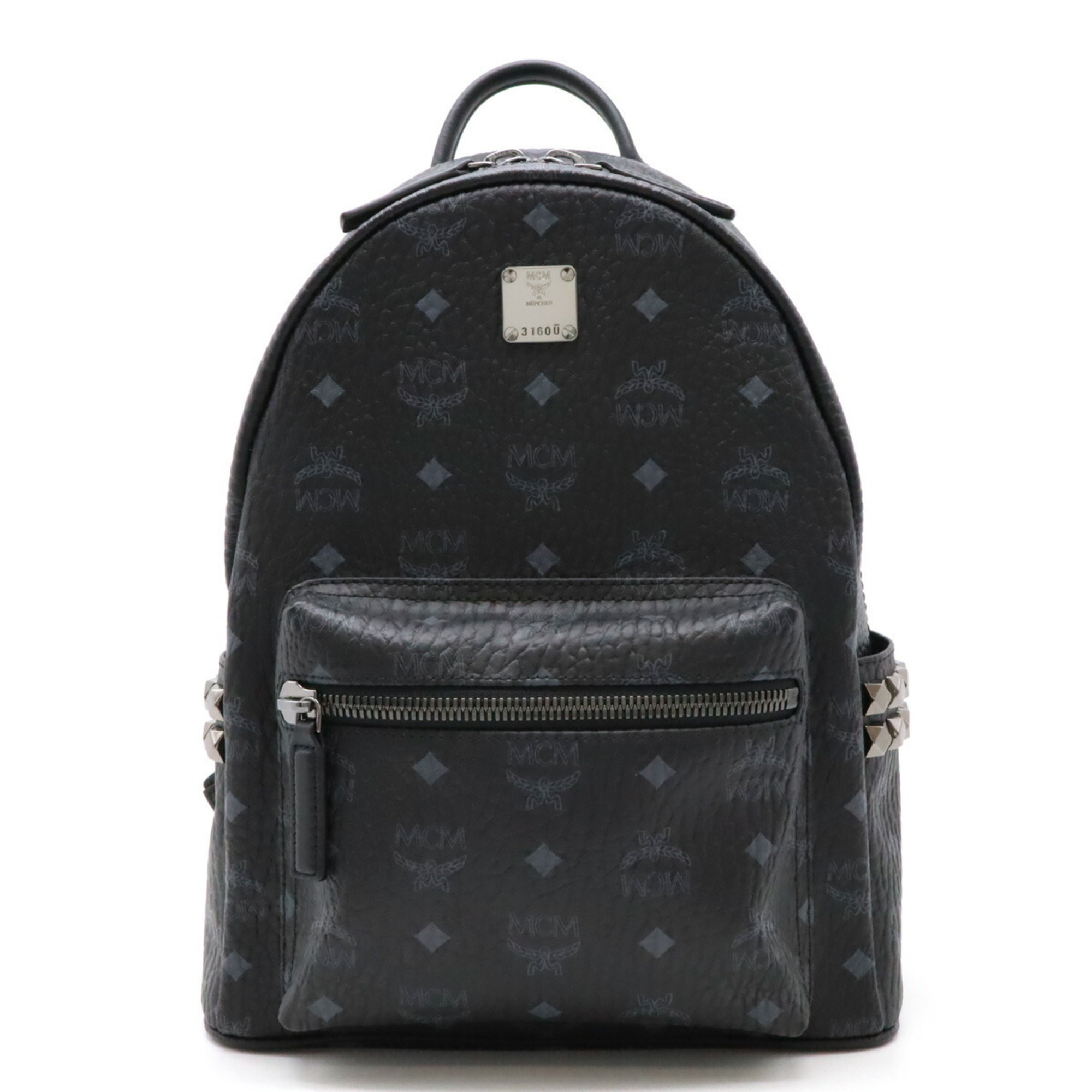 MCM Glam Visetos Backpack Leather Studs Black Grey MMK8SVE37