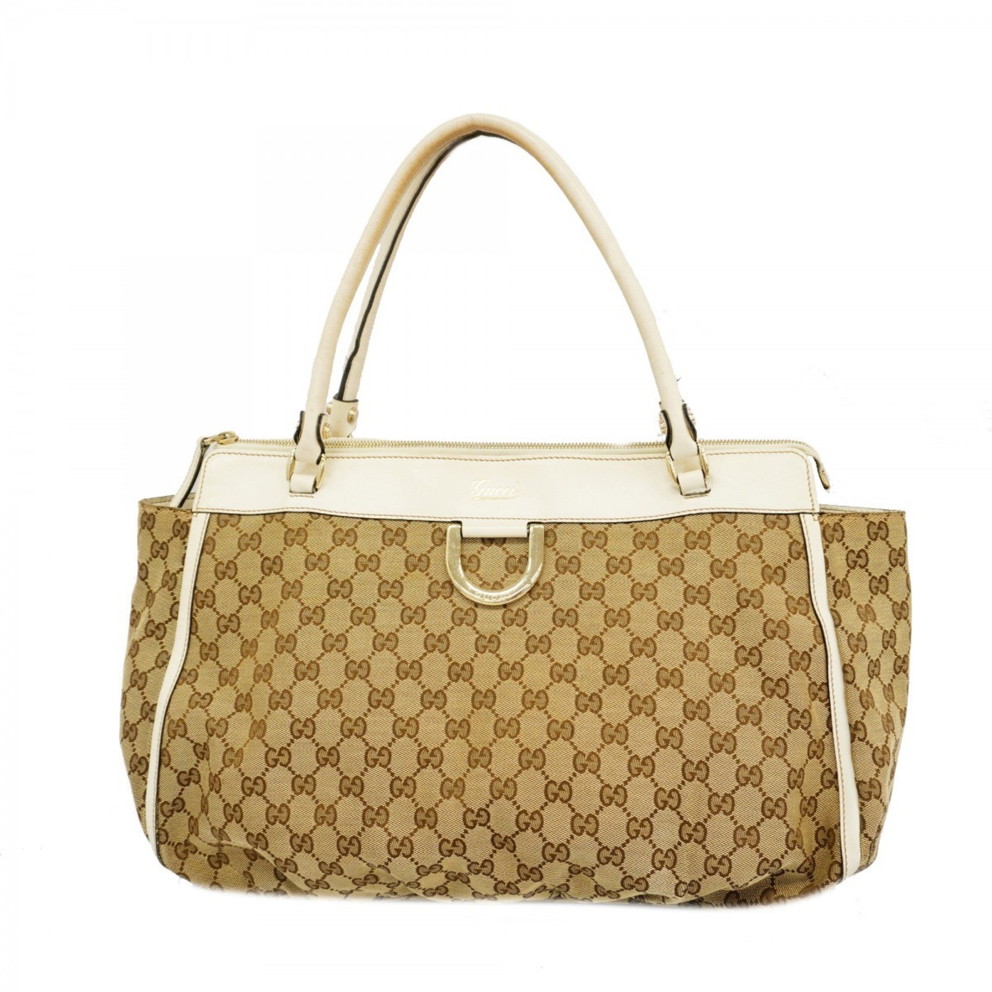 Gucci Tote Bag GG Canvas Abby 190248 Leather Brown White Champagne Women's