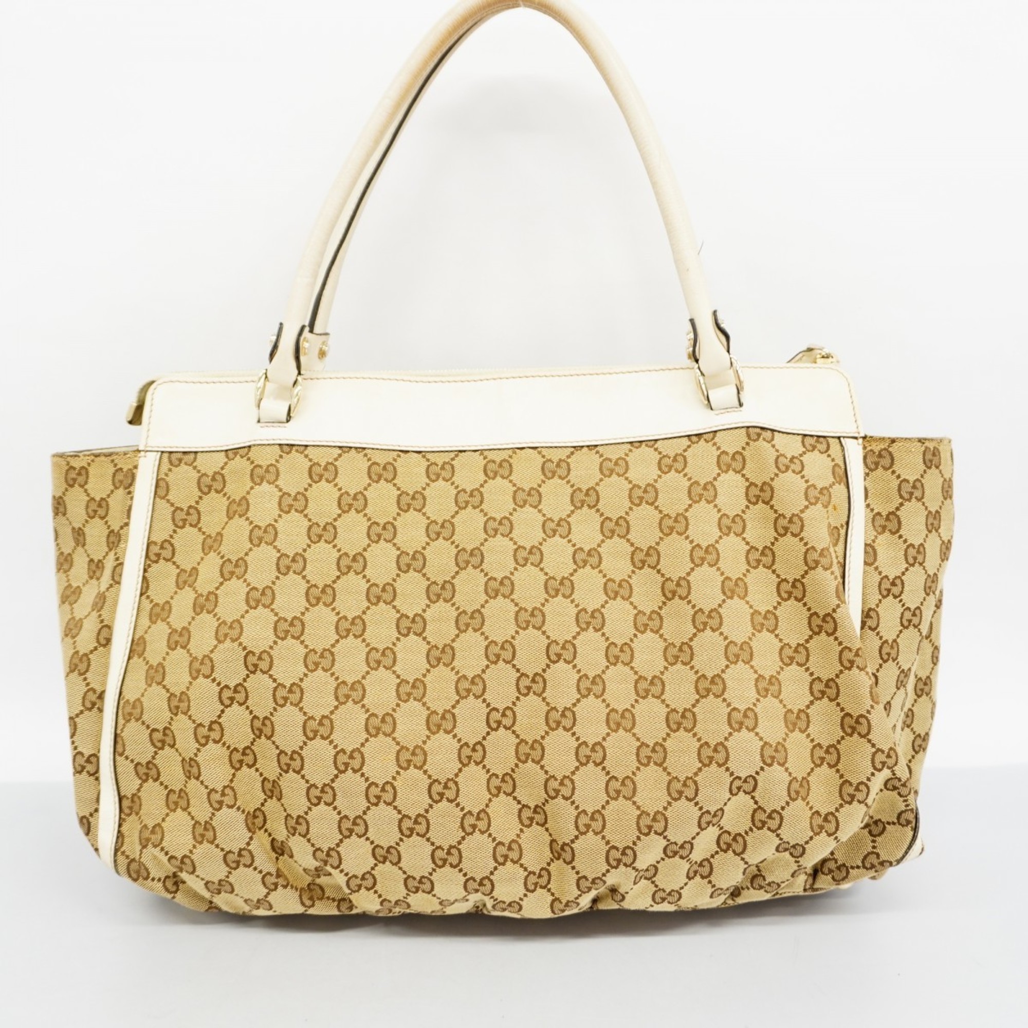 Gucci Tote Bag GG Canvas Abby 190248 Leather Brown White Champagne Women's