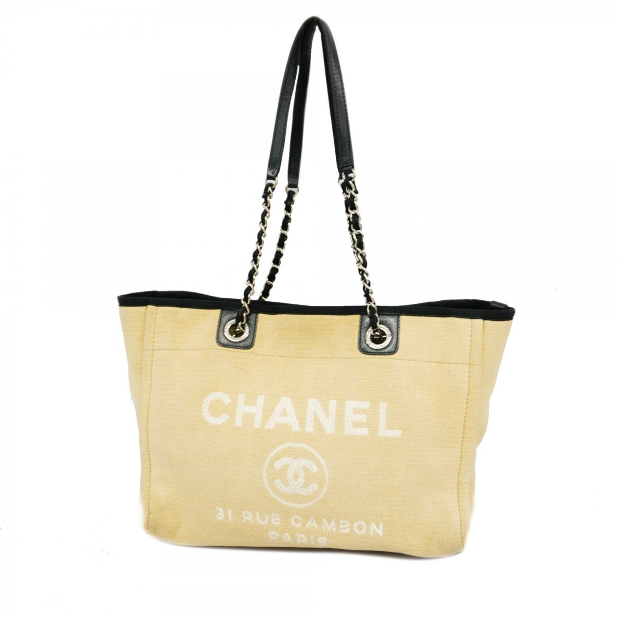 Chanel Tote Bag Deauville Canvas Black Beige Women's