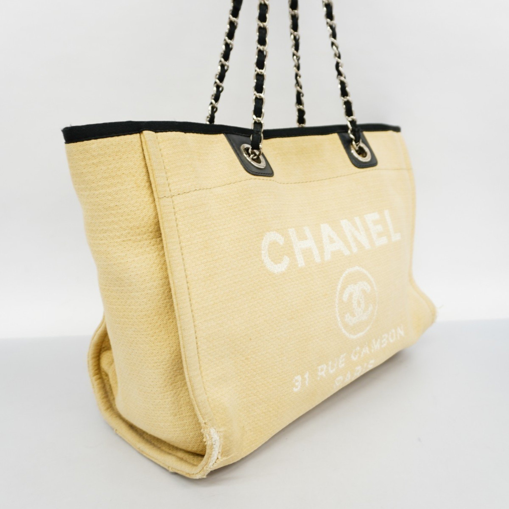 Chanel Tote Bag Deauville Canvas Black Beige Women's