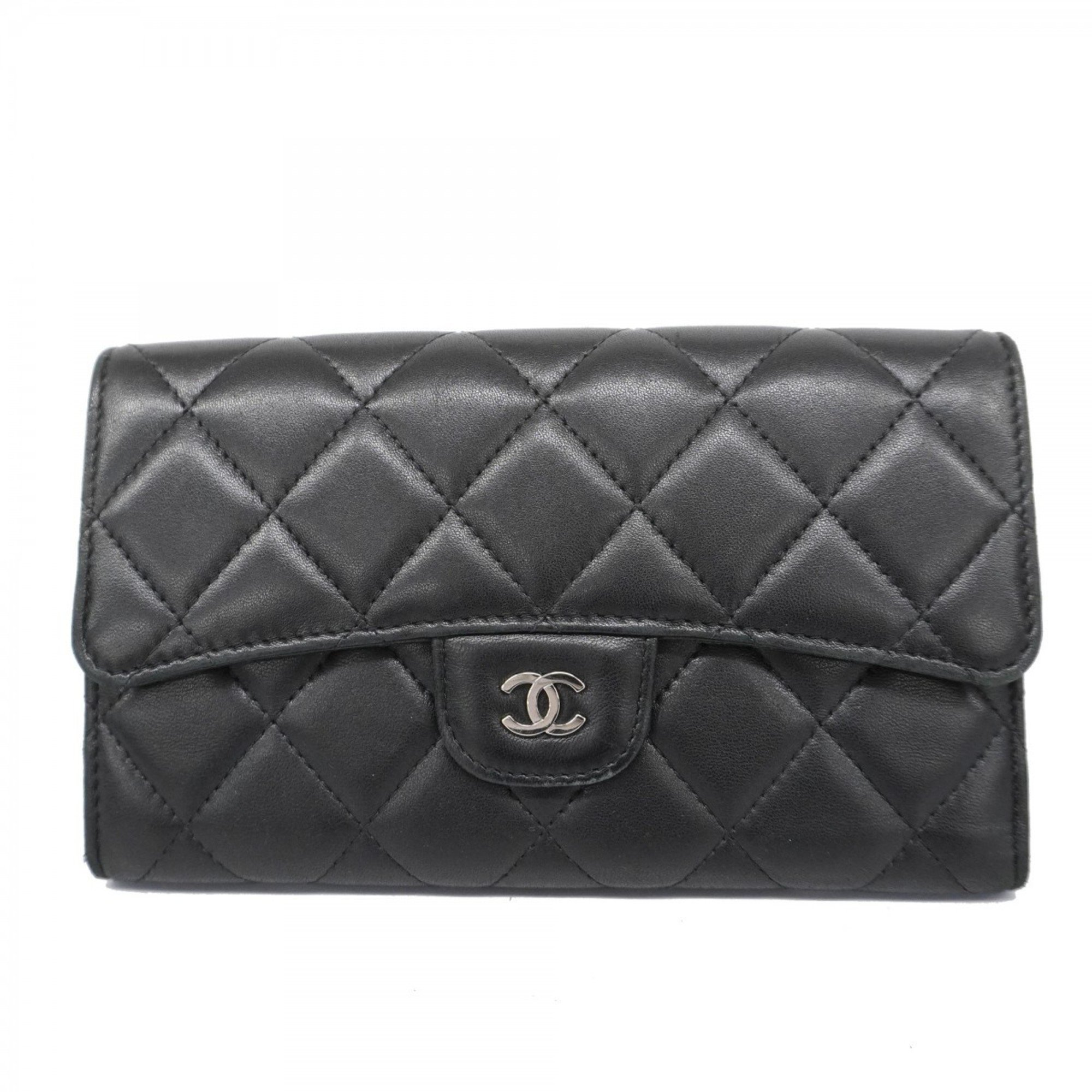 Chanel Tri-fold Long Wallet Matelasse Lambskin Black Women's