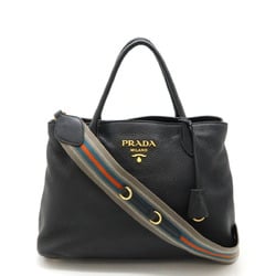 PRADA VIT.DAINO Handbag Shoulder Bag Striped Leather NERO Black 1BA579