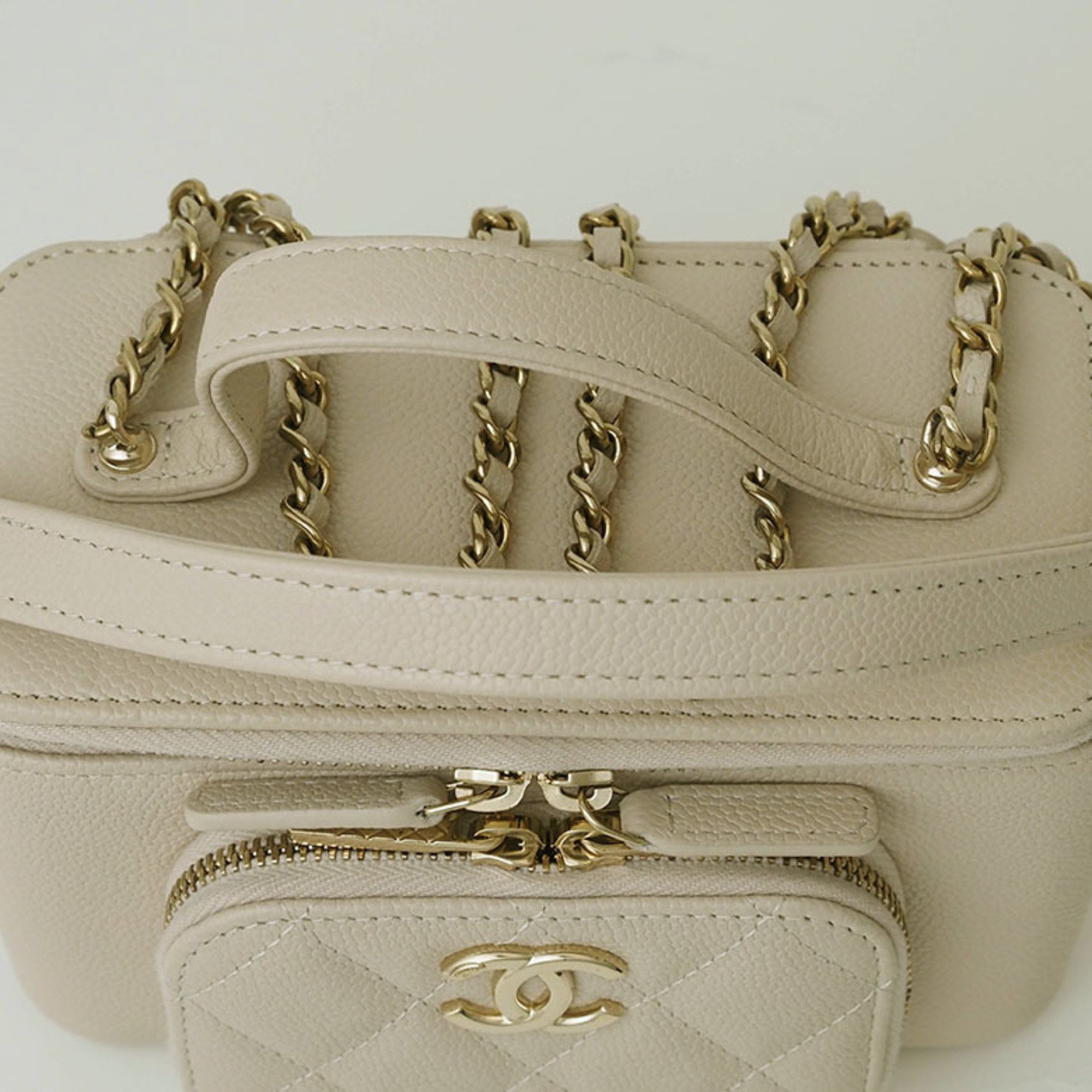 Chanel Vanity Chain Shoulder Bag Beige AP2912 Women's Caviar Skin CHANEL