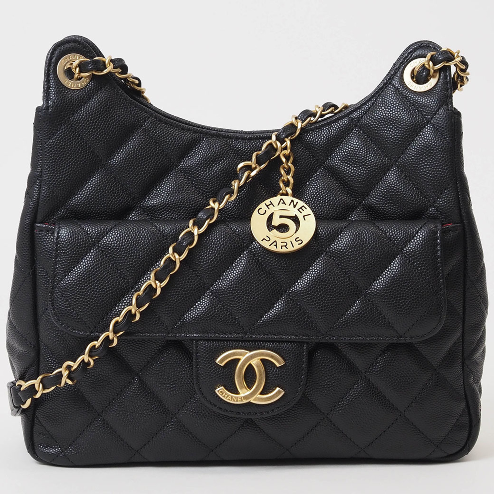 Chanel Matelasse Chain Shoulder Bag Hobo Black AS3690 Women's Caviar Skin CHANEL