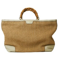 Gucci Raffia Bamboo Handbag Tote Bag Natural White 338964 Women's Linen Leather Storage GUCCI