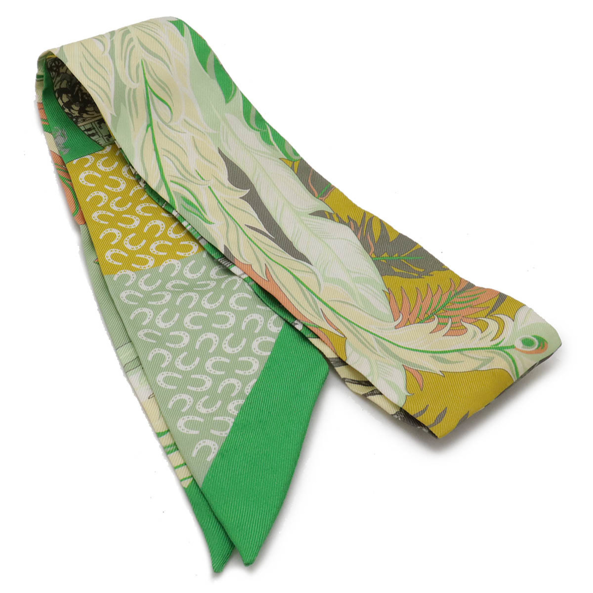 HERMES TWELL Scarf Muffler 100% Silk Green Multicolor