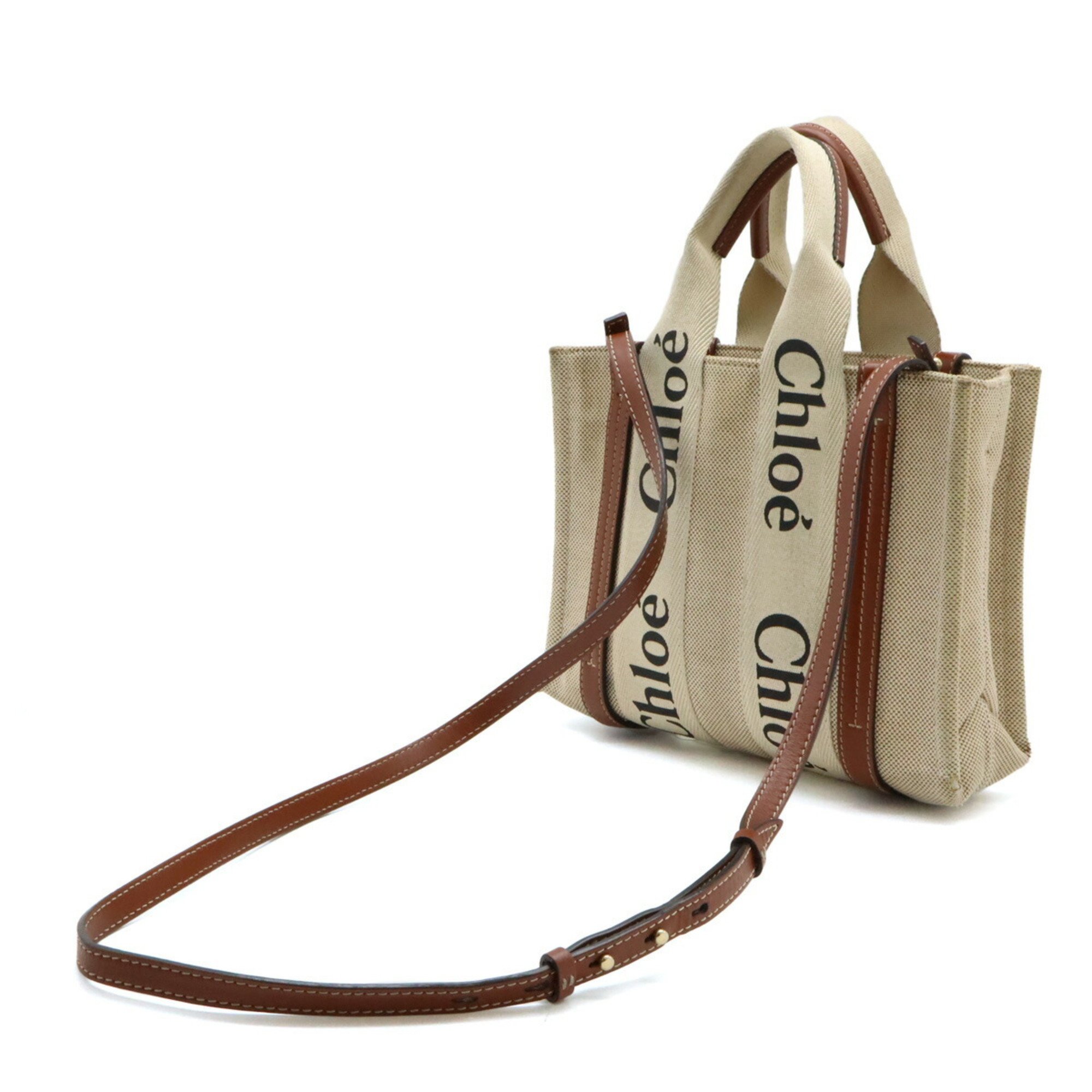 Chloé Chloe Woody Small Handbag Shoulder Bag Canvas Leather Beige Brown