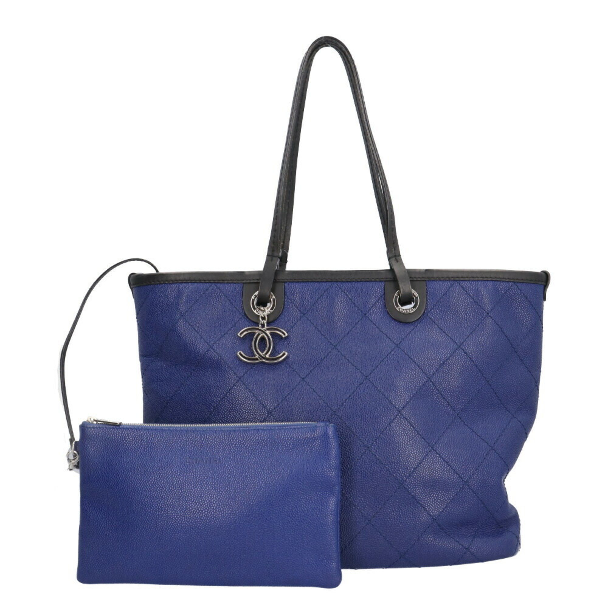 CHANEL Wild Stitch Coco Mark Tote Bag Caviar Skin Blue Women's