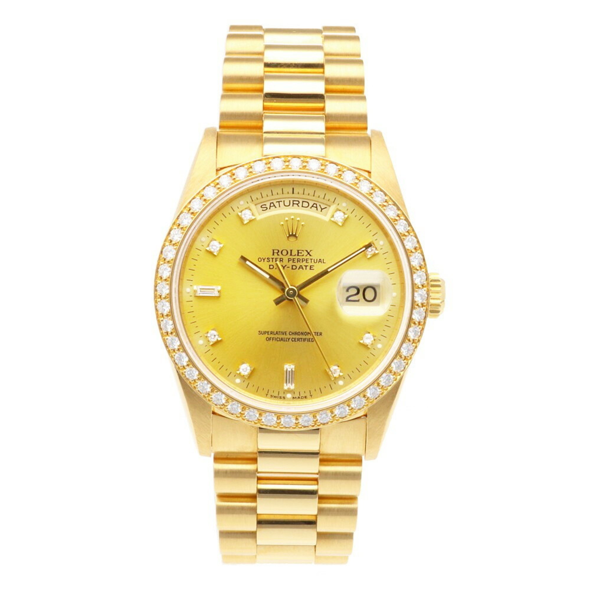 Rolex Day-Date Oyster Perpetual Watch 18K 18348 Automatic Men's ROLEX L Series 1989-1990 Diamond Bezel 8P Round Diamonds 2P Baguette Overhauled