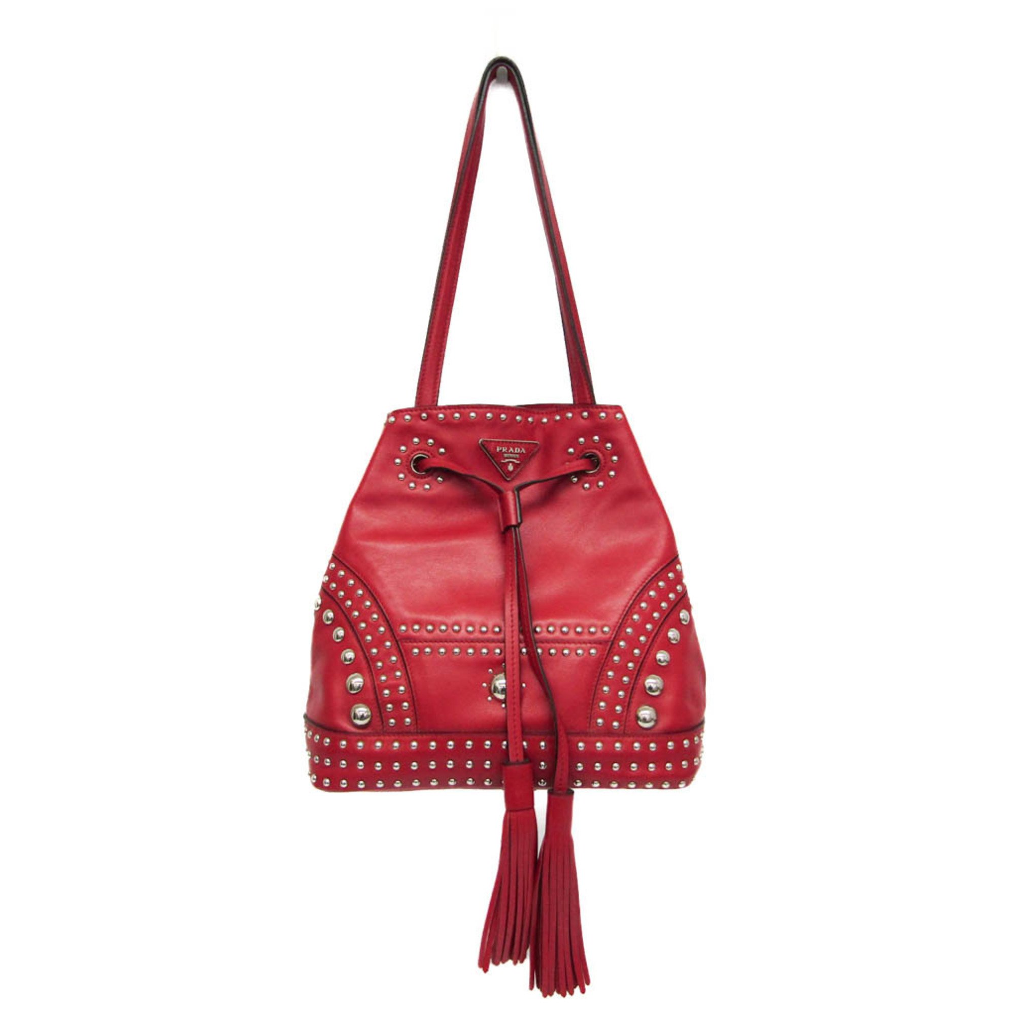 Prada Studs Drawstring Bag Women's Leather Shoulder Bag Red Color