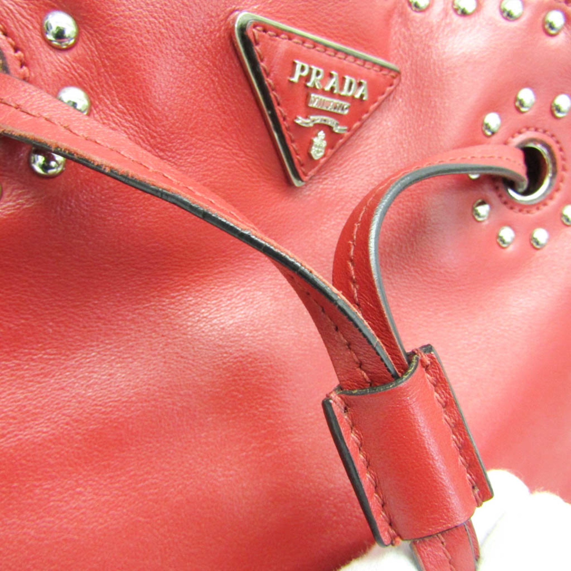 Prada Studs Drawstring Bag Women's Leather Shoulder Bag Red Color