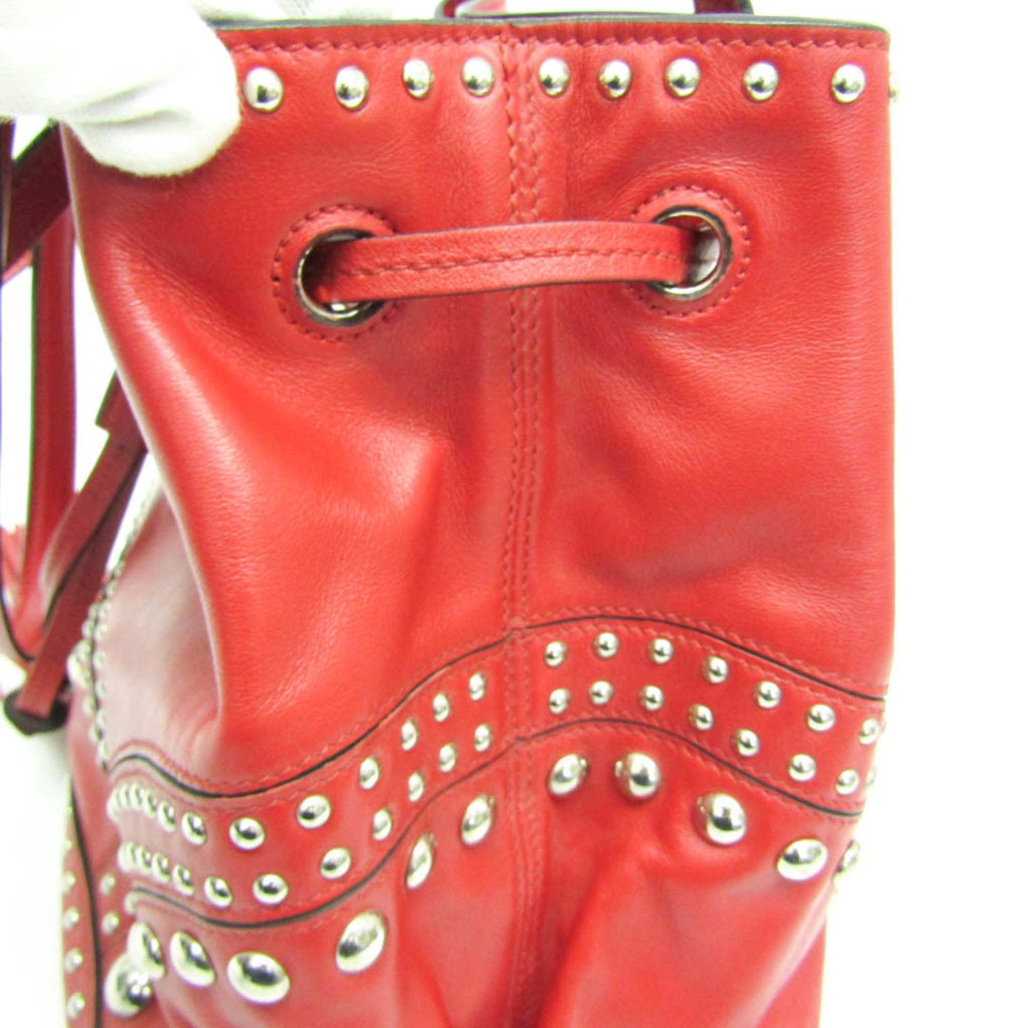 Prada Studs Drawstring Bag Women's Leather Shoulder Bag Red Color