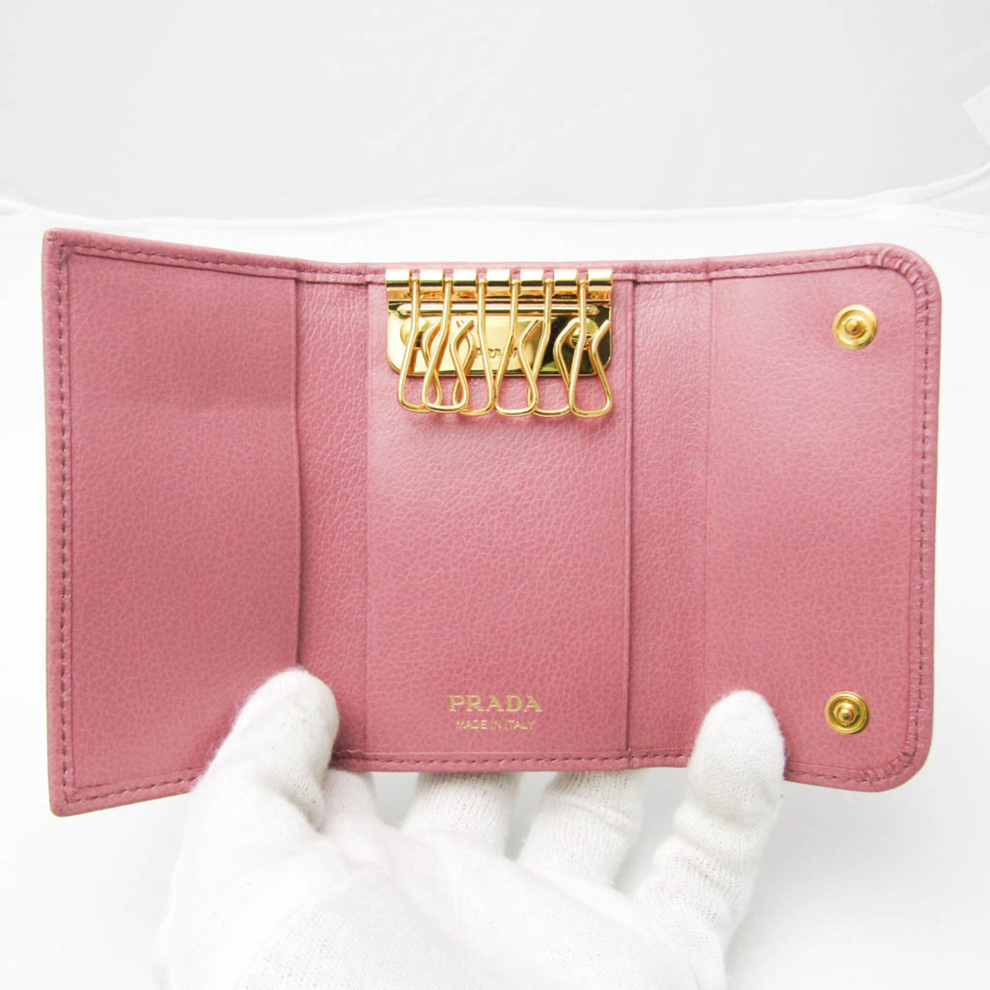 Prada GLACE CALF 1PG222 Women's Leather Key Case Pink