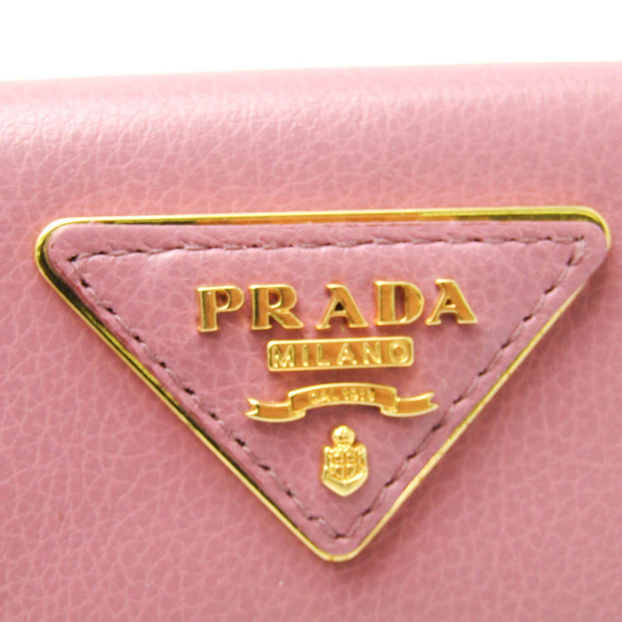 Prada GLACE CALF 1PG222 Women's Leather Key Case Pink