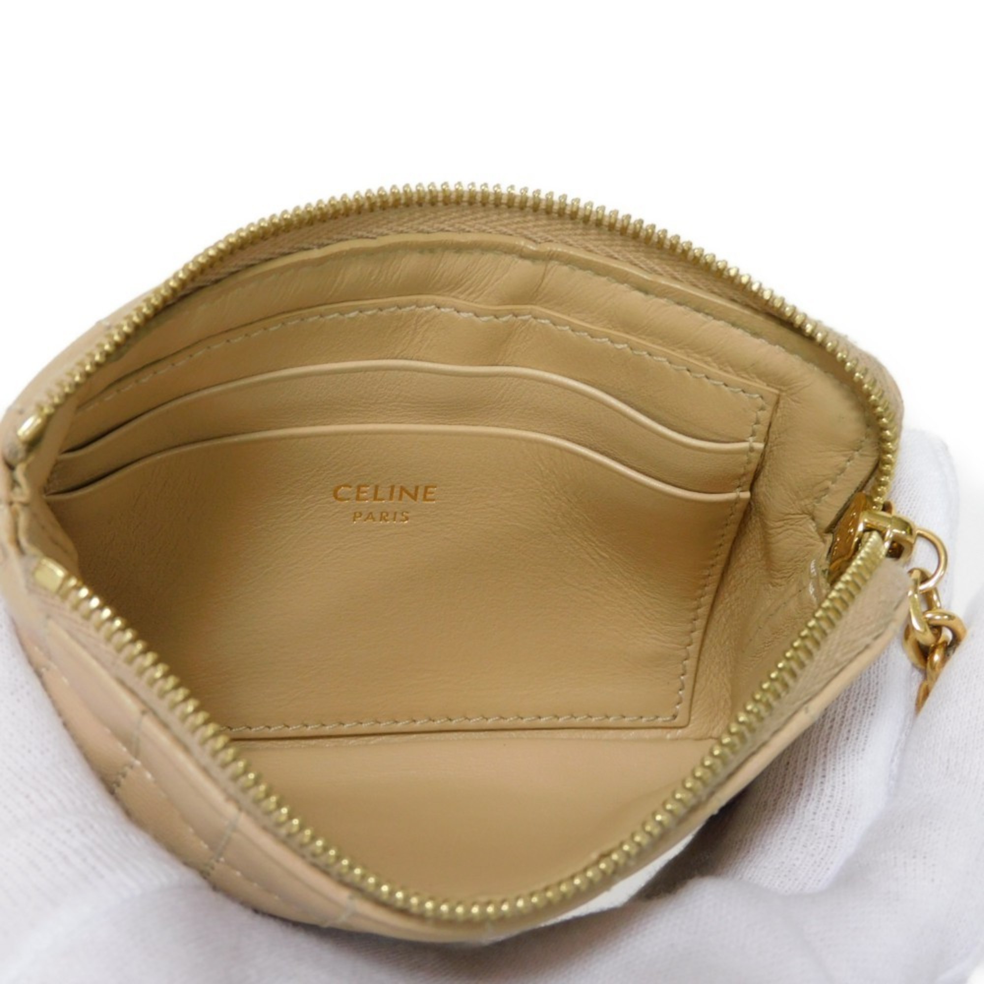 CELINE Coin Case C Charm Card Pouch Calf Beige Stitch Gold Quilted Nude 10B823BFL.03ND Men's Women's