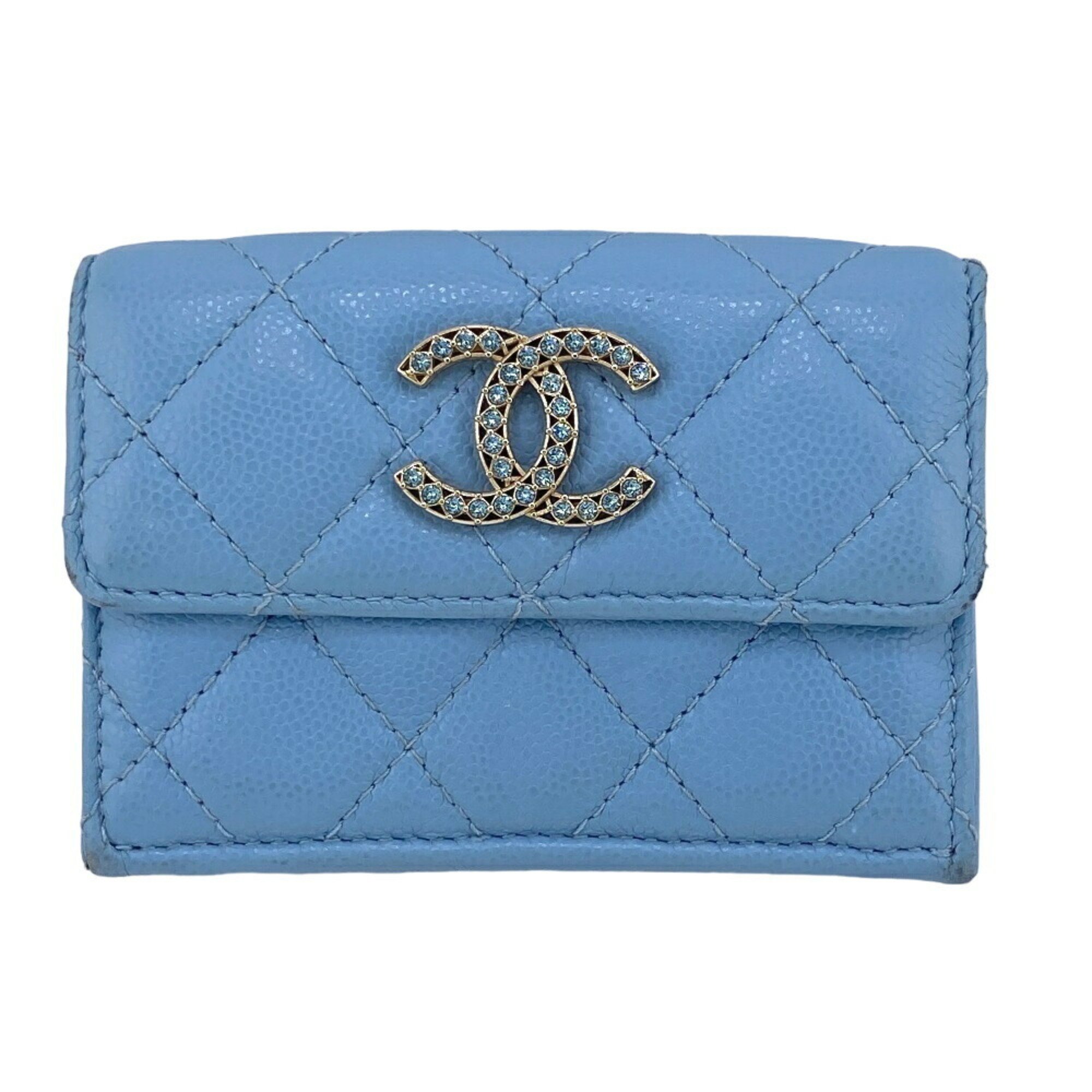 CHANEL Coco Mark Metiers d'Art Collection Collectors Matelasse Rhinestone Tri-fold Wallet Blue Women's