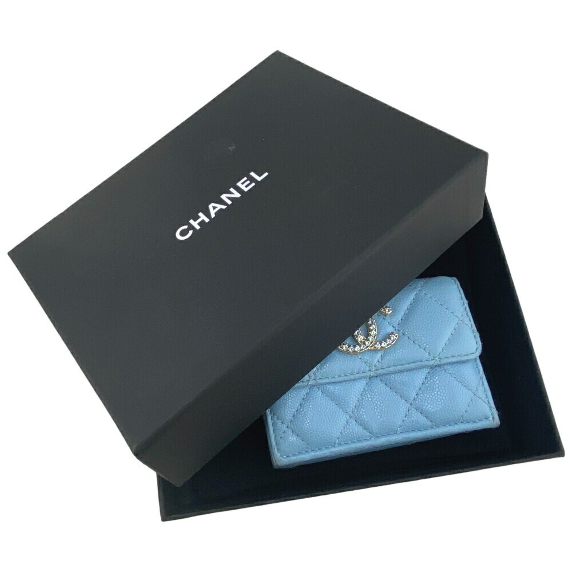 CHANEL Coco Mark Metiers d'Art Collection Collectors Matelasse Rhinestone Tri-fold Wallet Blue Women's