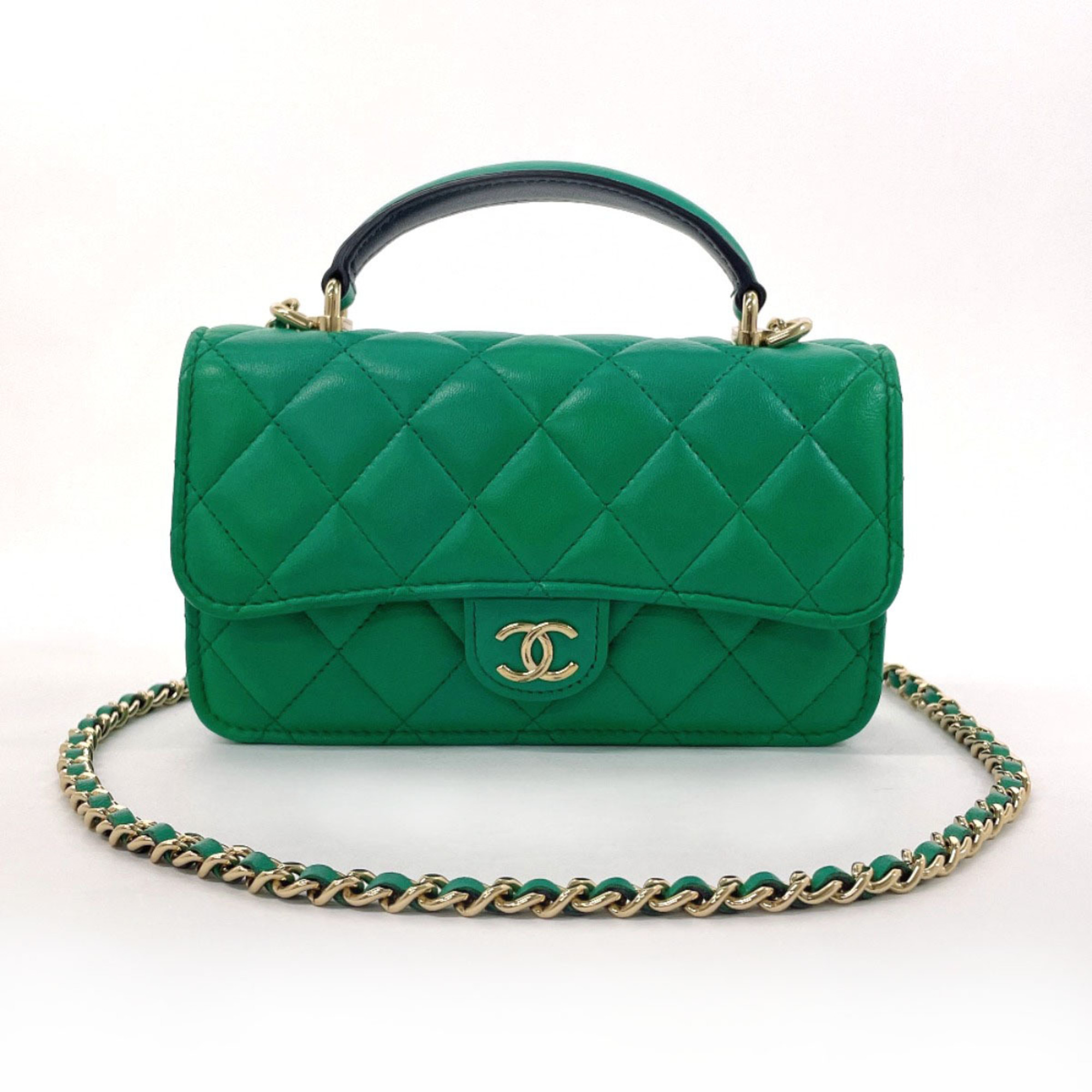 CHANEL Chanel Matelasse Flap Phone Case AP3226 Shoulder Bag Lambskin Green Women's