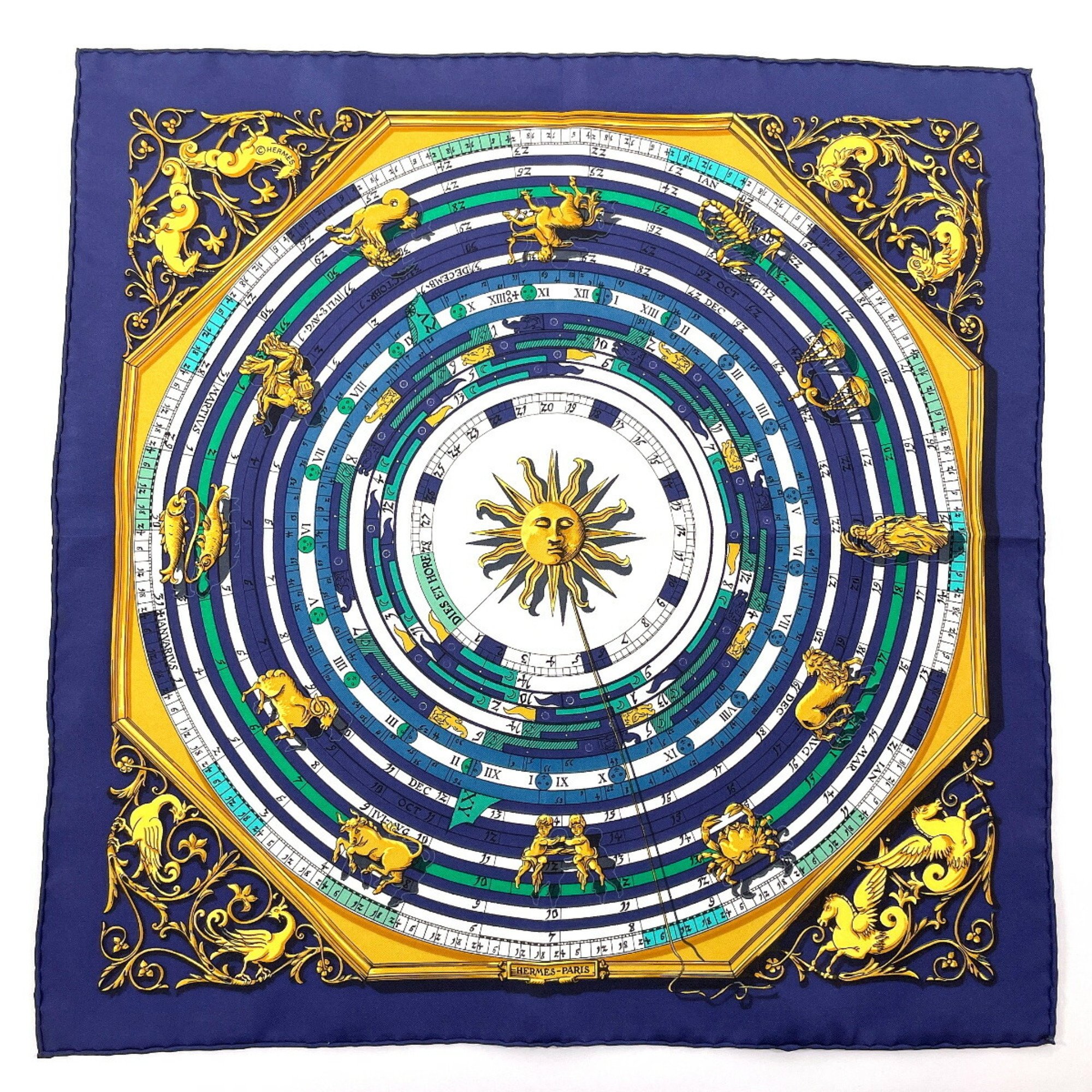 HERMES DIES ET HORE Astrology Carré 45 Scarf Muffler Silk Navy Women's