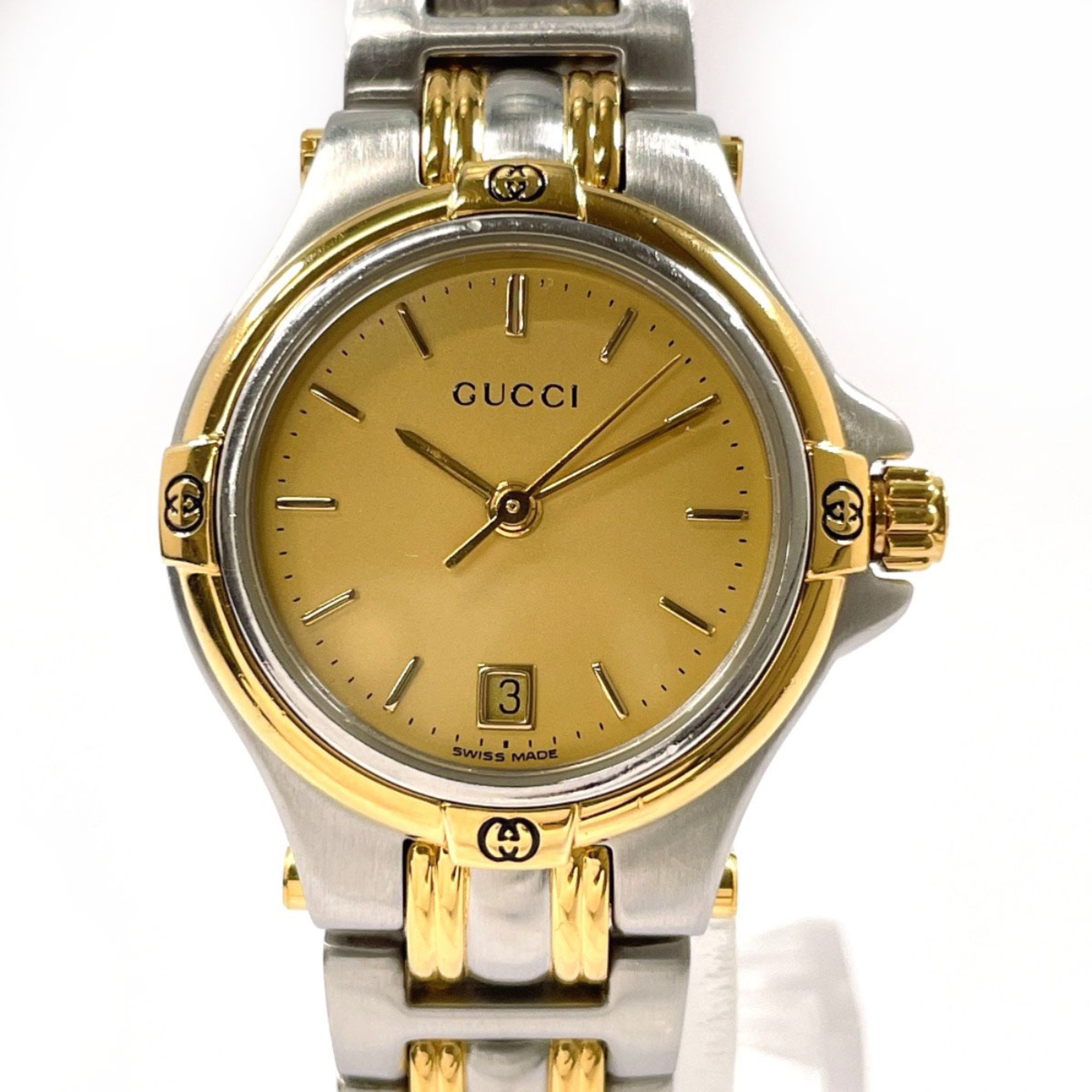 GUCCI 9040L Watch Stainless Steel/GP Silver Quartz Gold Dial Women's