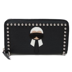 FENDI Long Wallet Karl Lagerfeld Zip Around Calf Fur Round Studs Black 8M0299 Men's Women's