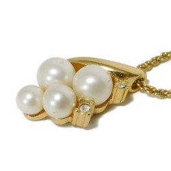 Christian Dior Dior Necklace Resin Pearl Crystal Pendant Clear GP Plated Gold CD Ivory Women's