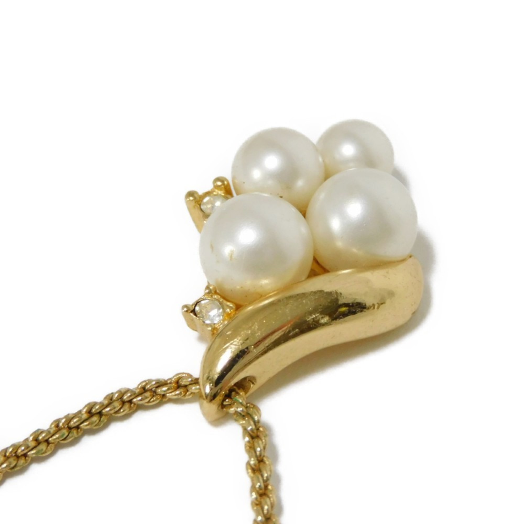 Christian Dior Dior Necklace Resin Pearl Crystal Pendant Clear GP Plated Gold CD Ivory Women's