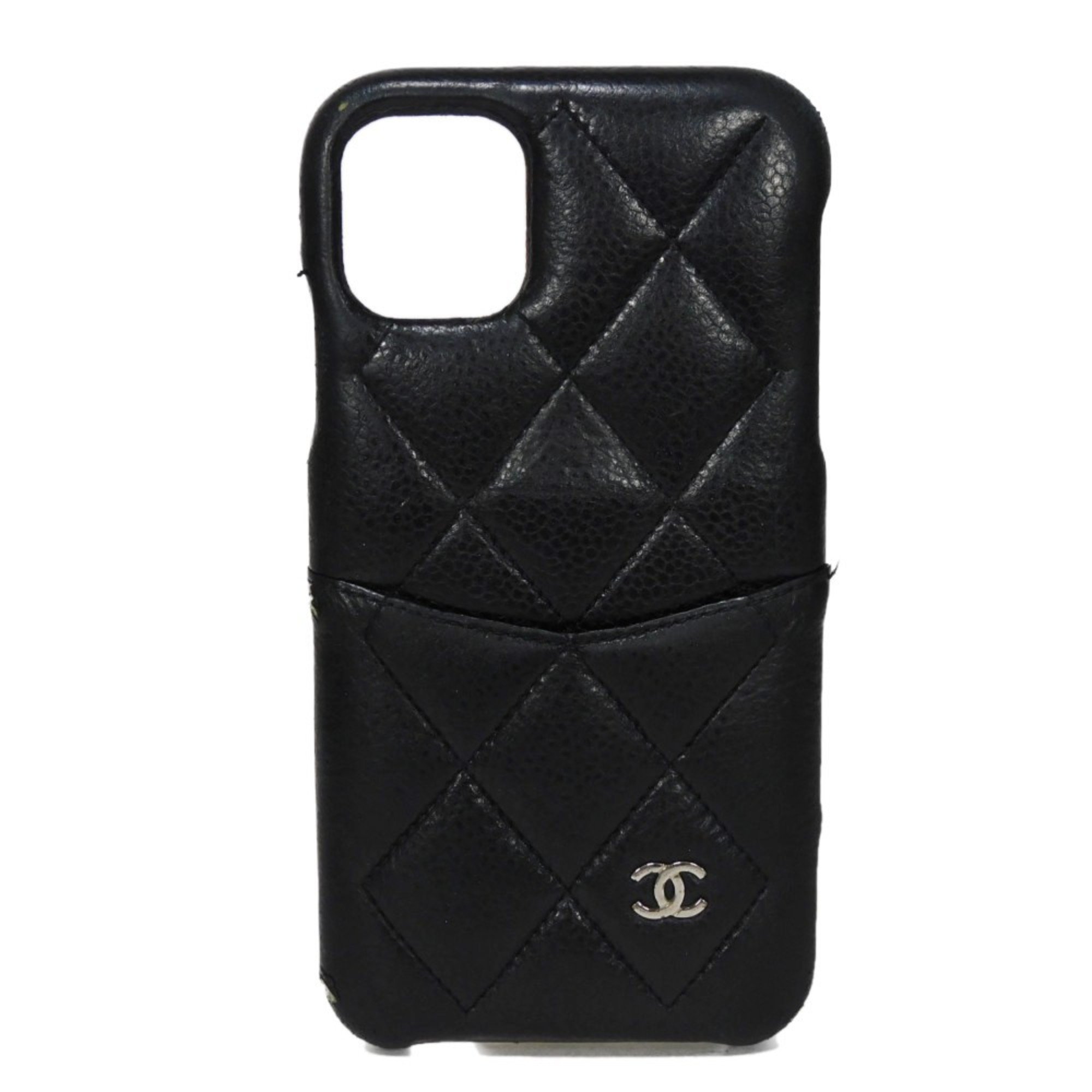 CHANEL Smartphone Case Matelasse iPhone 11 CC Mark Caviar Skin Grain Calf Silver 29 Series Coco Black Men's Women's