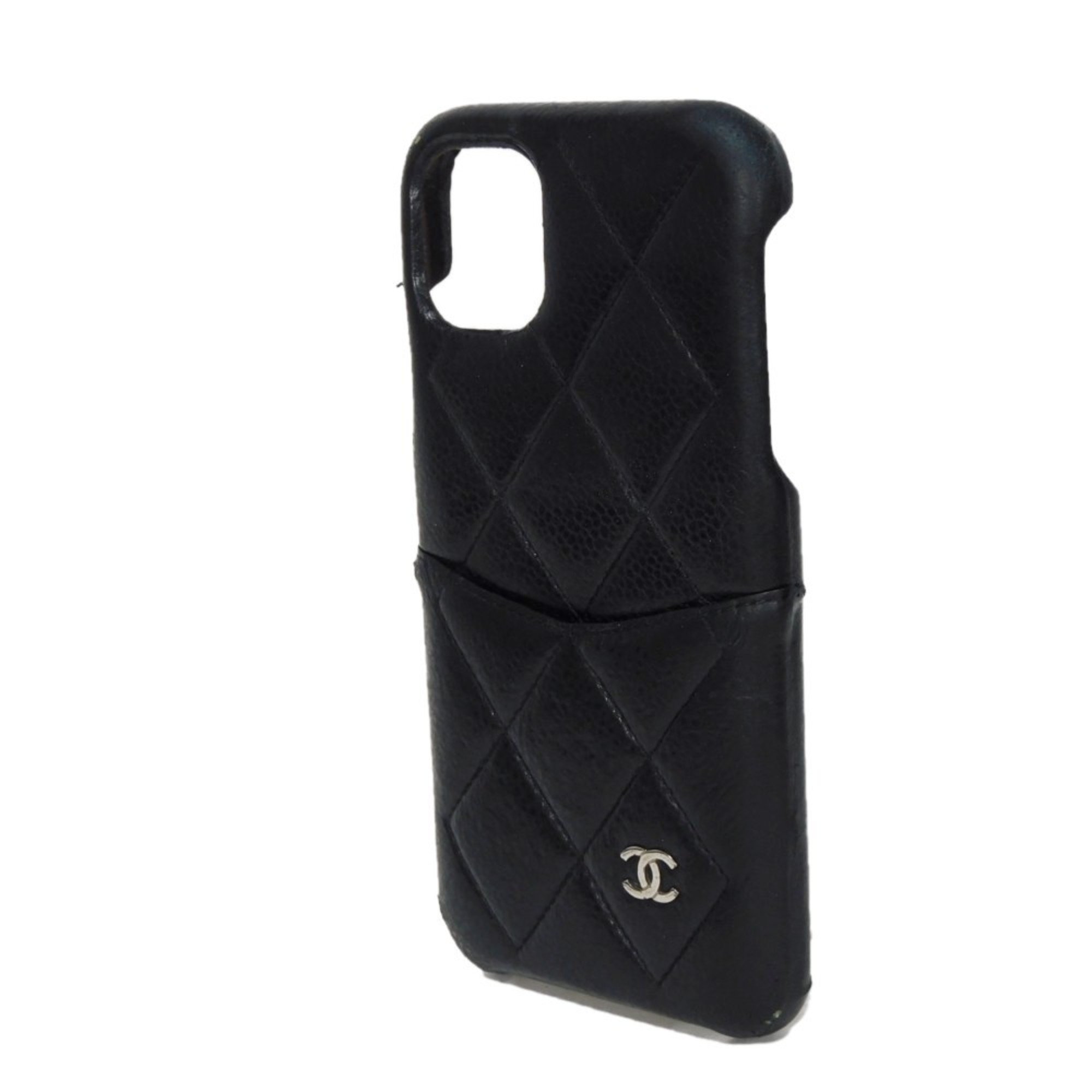 CHANEL Smartphone Case Matelasse iPhone 11 CC Mark Caviar Skin Grain Calf Silver 29 Series Coco Black Men's Women's