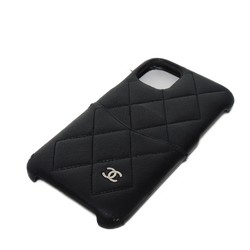 CHANEL Smartphone Case Matelasse iPhone 11 CC Mark Caviar Skin Grain Calf Silver 29 Series Coco Black Men's Women's