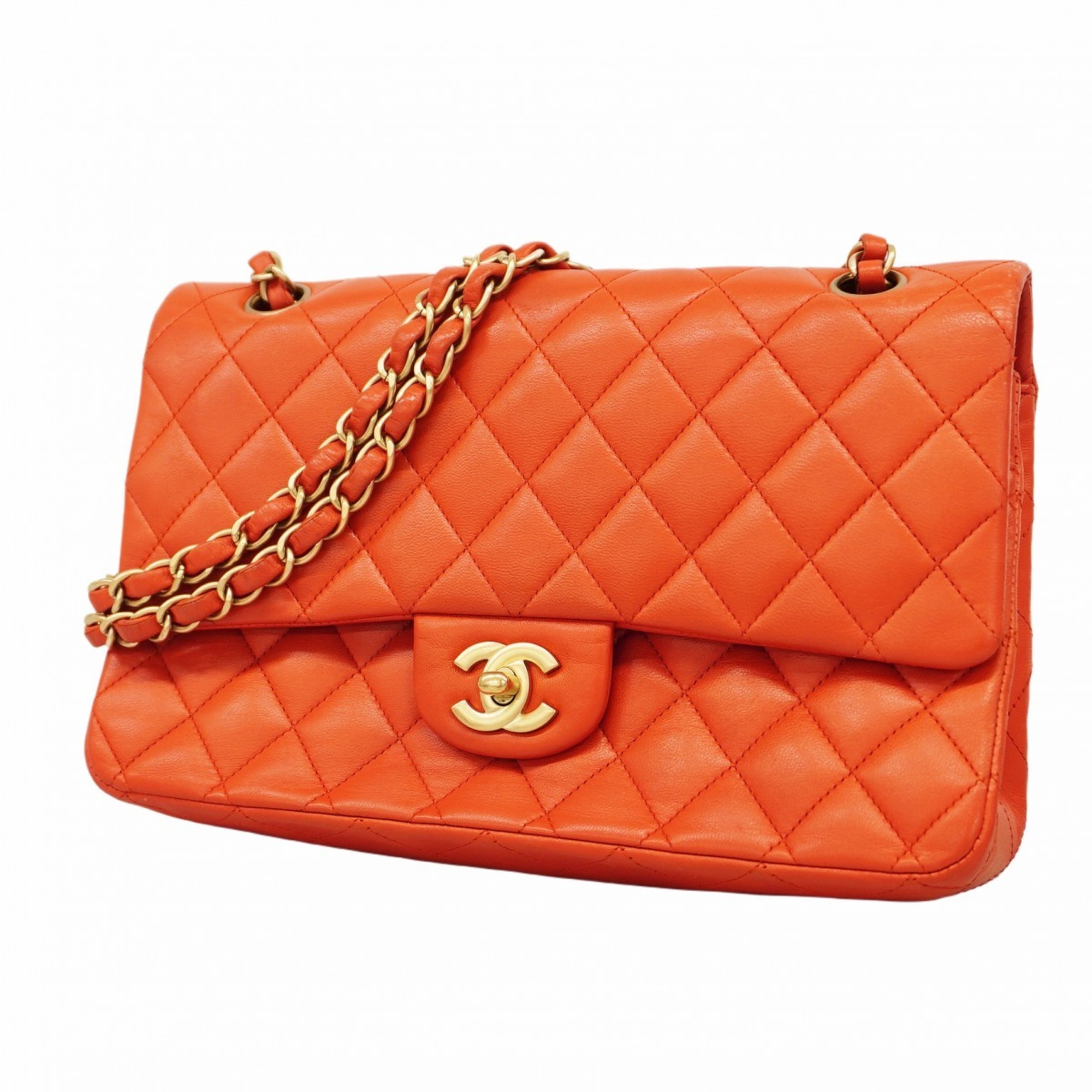 Chanel Shoulder Bag Matelasse Lambskin Red Champagne Ladies