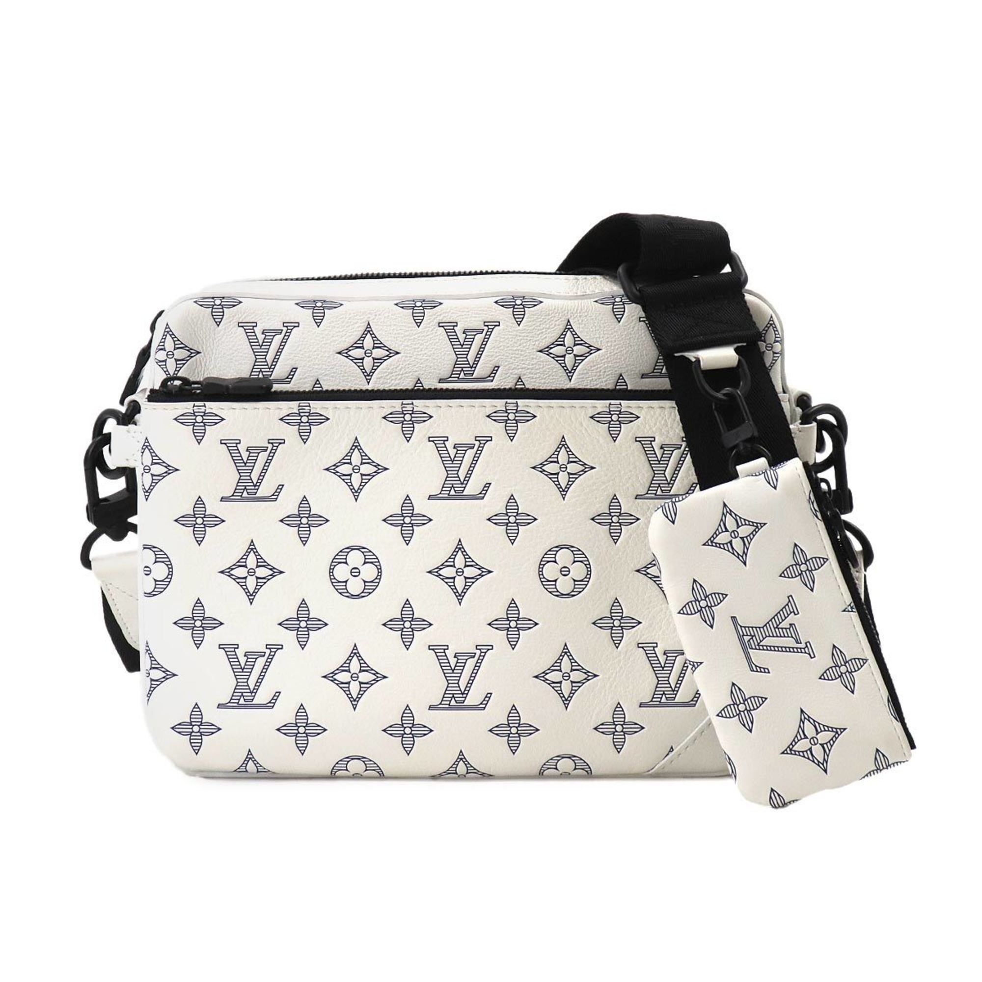 LOUIS VUITTON Monogram Shadow Trio Shoulder Bag White Navy M24754 RFID Messenger