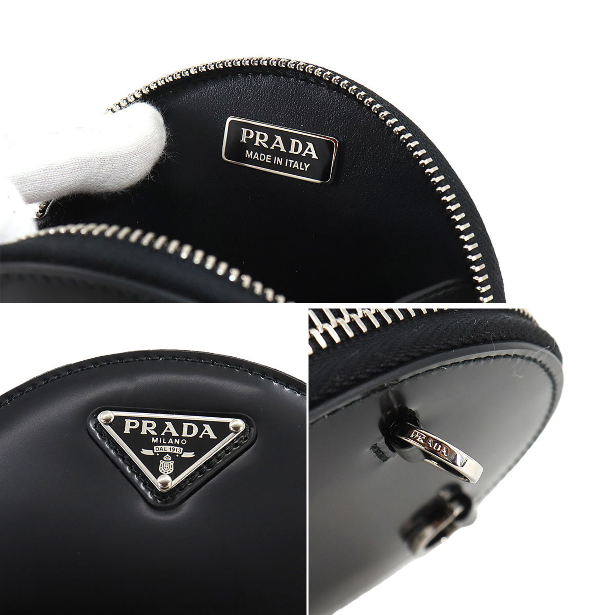 PRADA Round Chain Shoulder Bag Leather Nero Black 1NR003 Silver Hardware