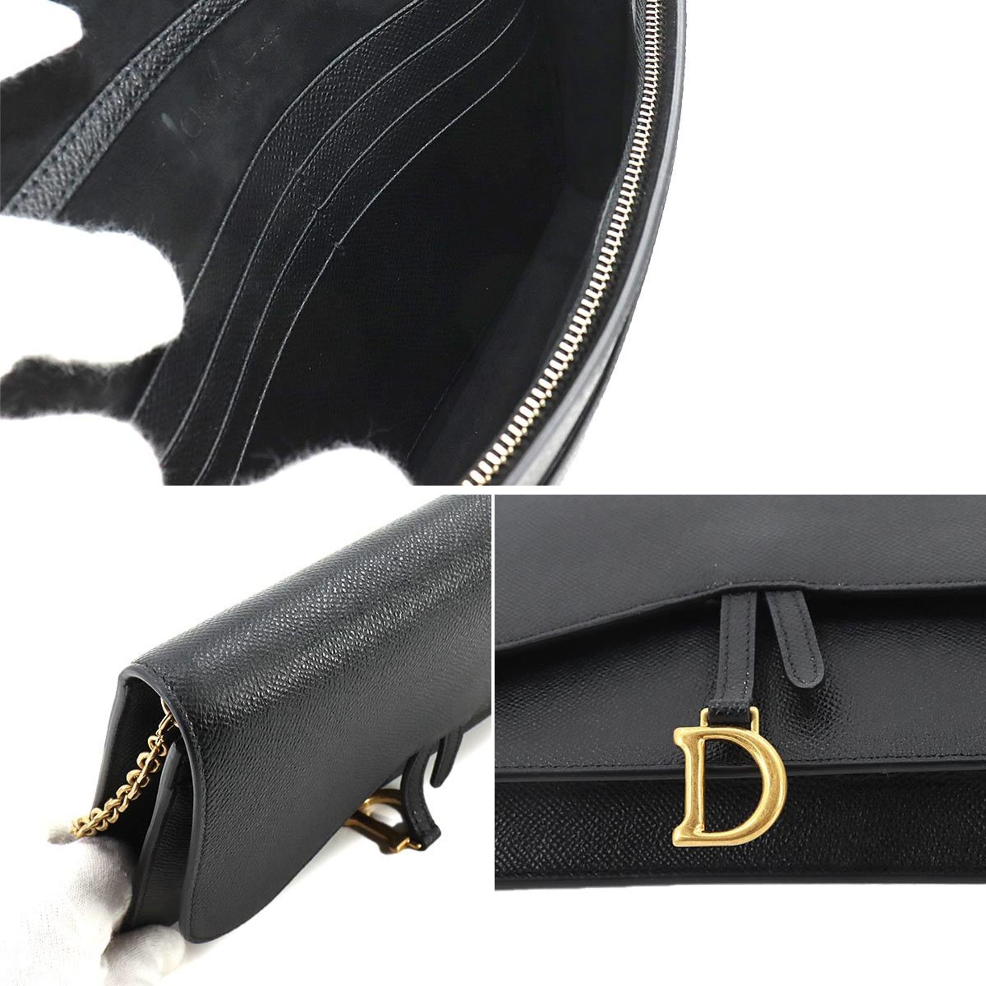 Christian Dior Saddle Chain Wallet, Bi-fold, Long Leather, Black