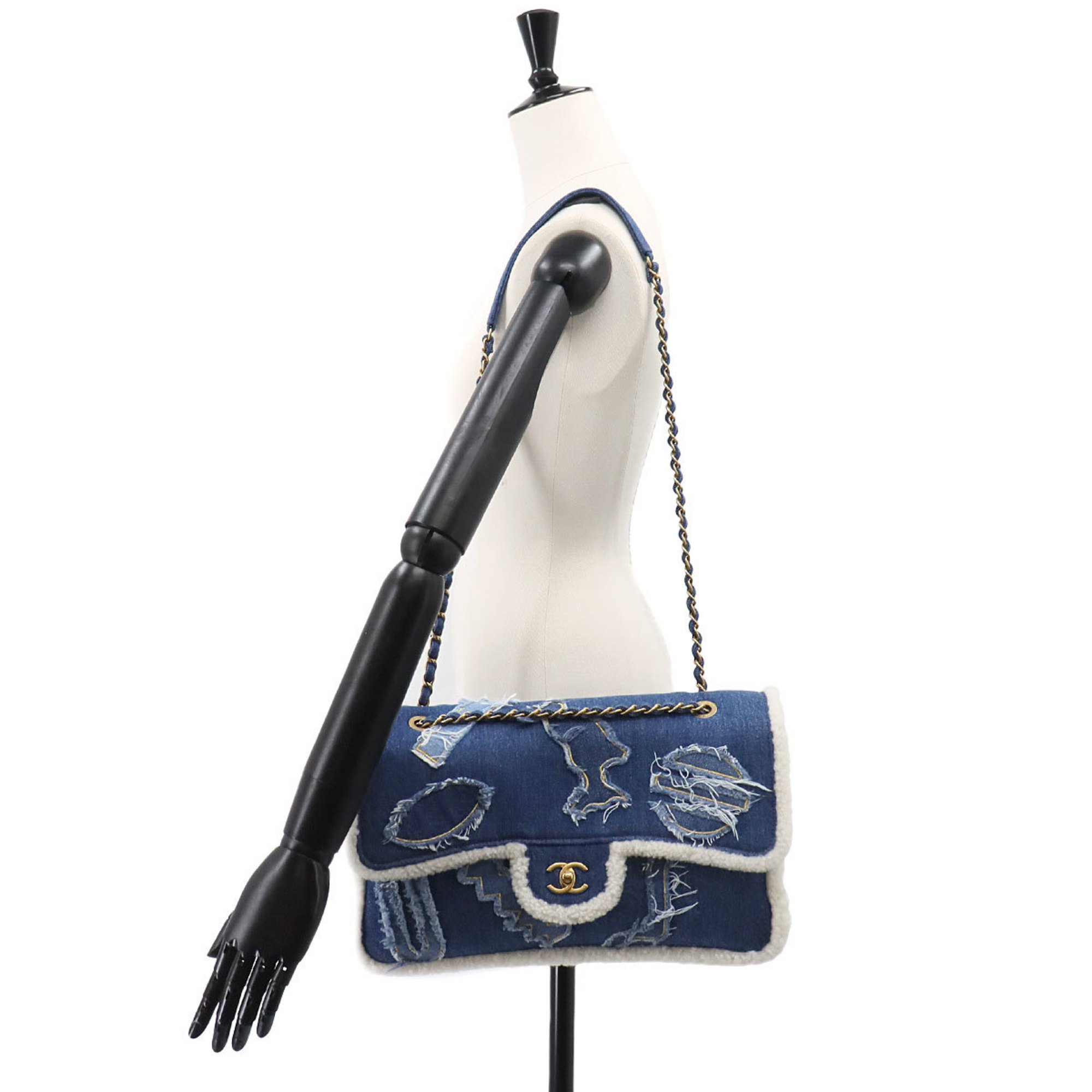 CHANEL Egypt Chain Shoulder Bag Denim Shearling Blue Gold Metal Fittings