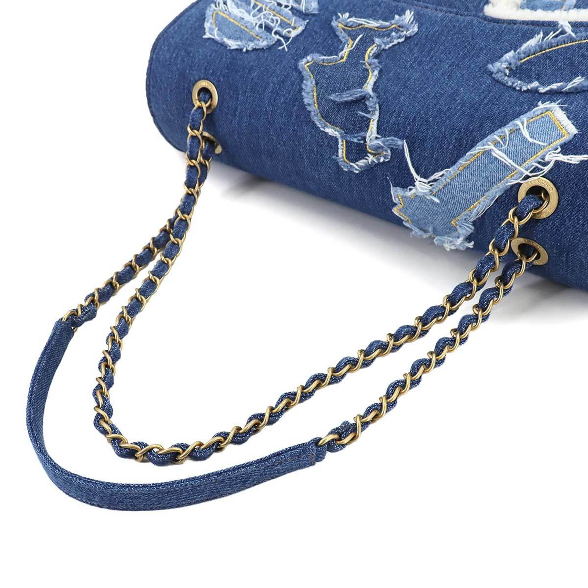 CHANEL Egypt Chain Shoulder Bag Denim Shearling Blue Gold Metal Fittings