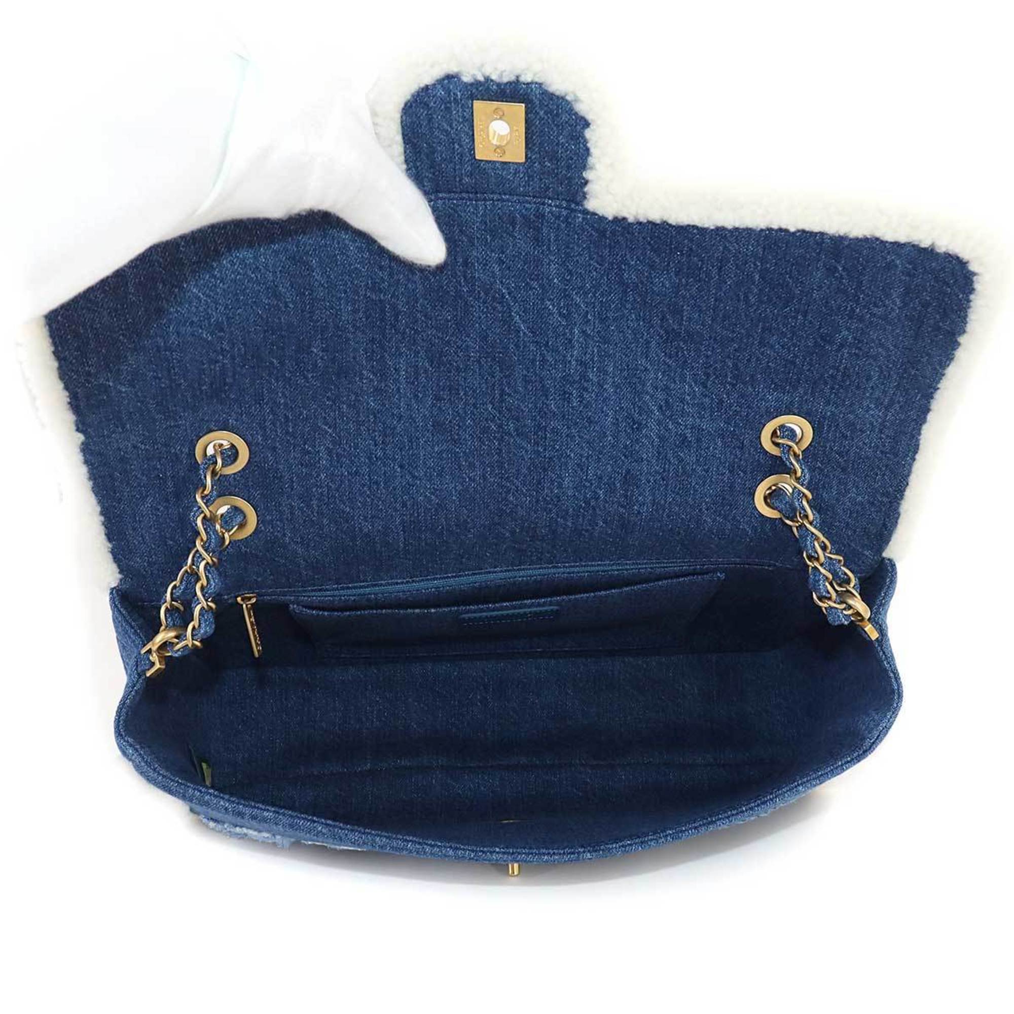 CHANEL Egypt Chain Shoulder Bag Denim Shearling Blue Gold Metal Fittings