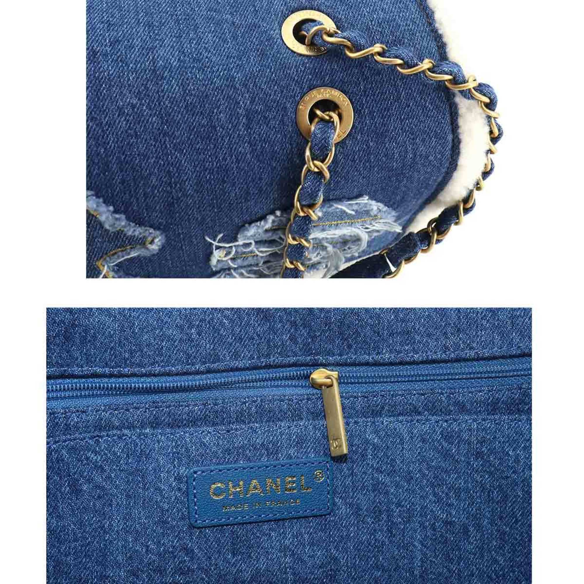 CHANEL Egypt Chain Shoulder Bag Denim Shearling Blue Gold Metal Fittings