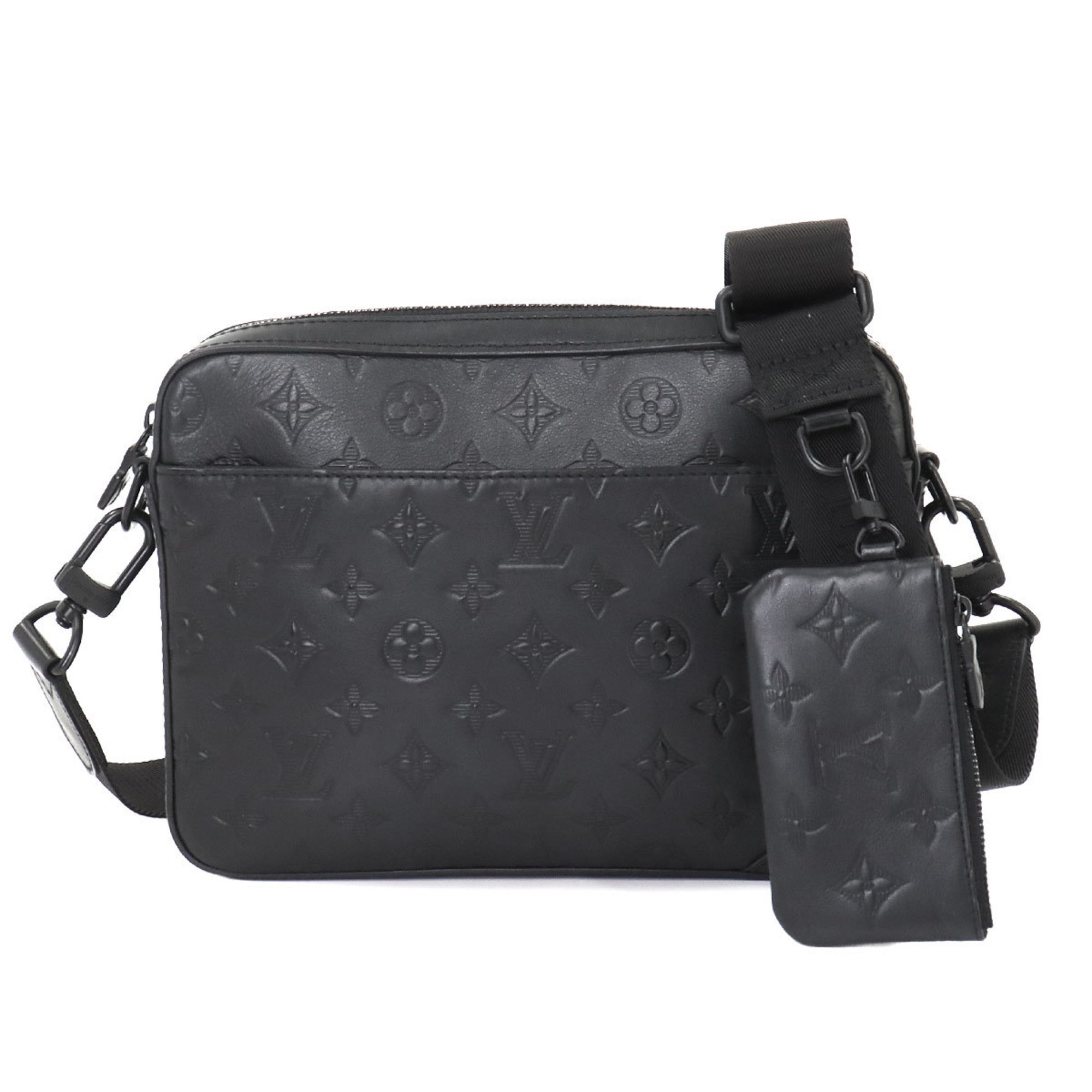 LOUIS VUITTON Monogram Shadow Duo Shoulder Bag Leather Black M69827 RFID Messenger