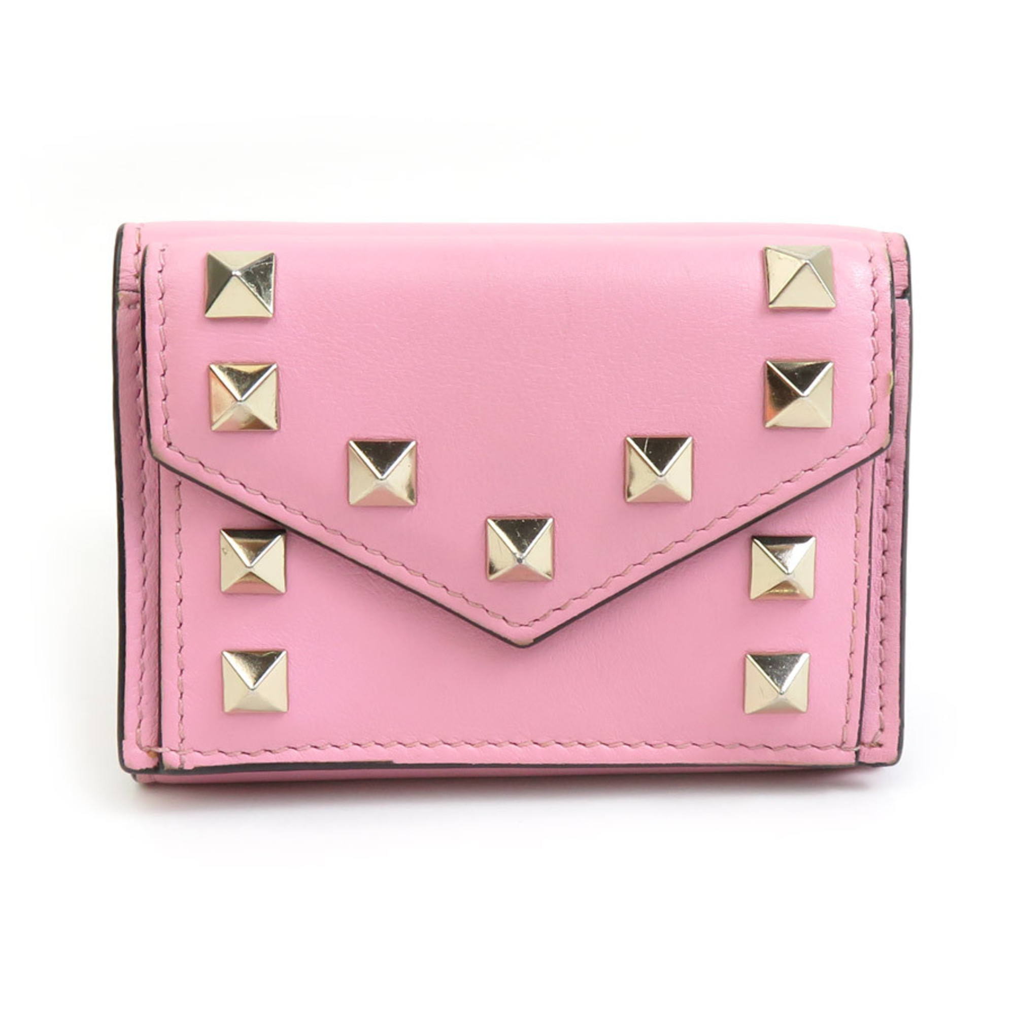 Valentino Garavani Tri-fold Wallet Rockstud Leather Metal Pink Gold Women's e59400a