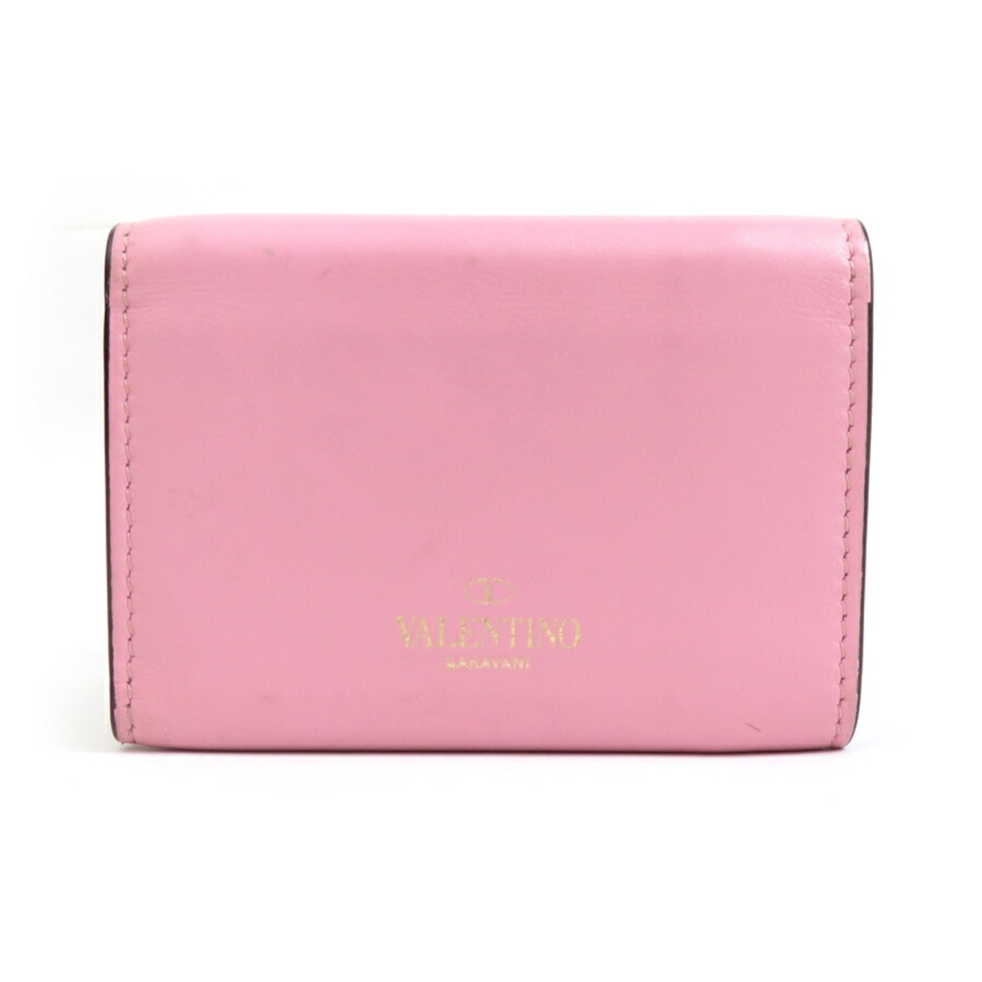 Valentino Garavani Tri-fold Wallet Rockstud Leather Metal Pink Gold Women's e59400a