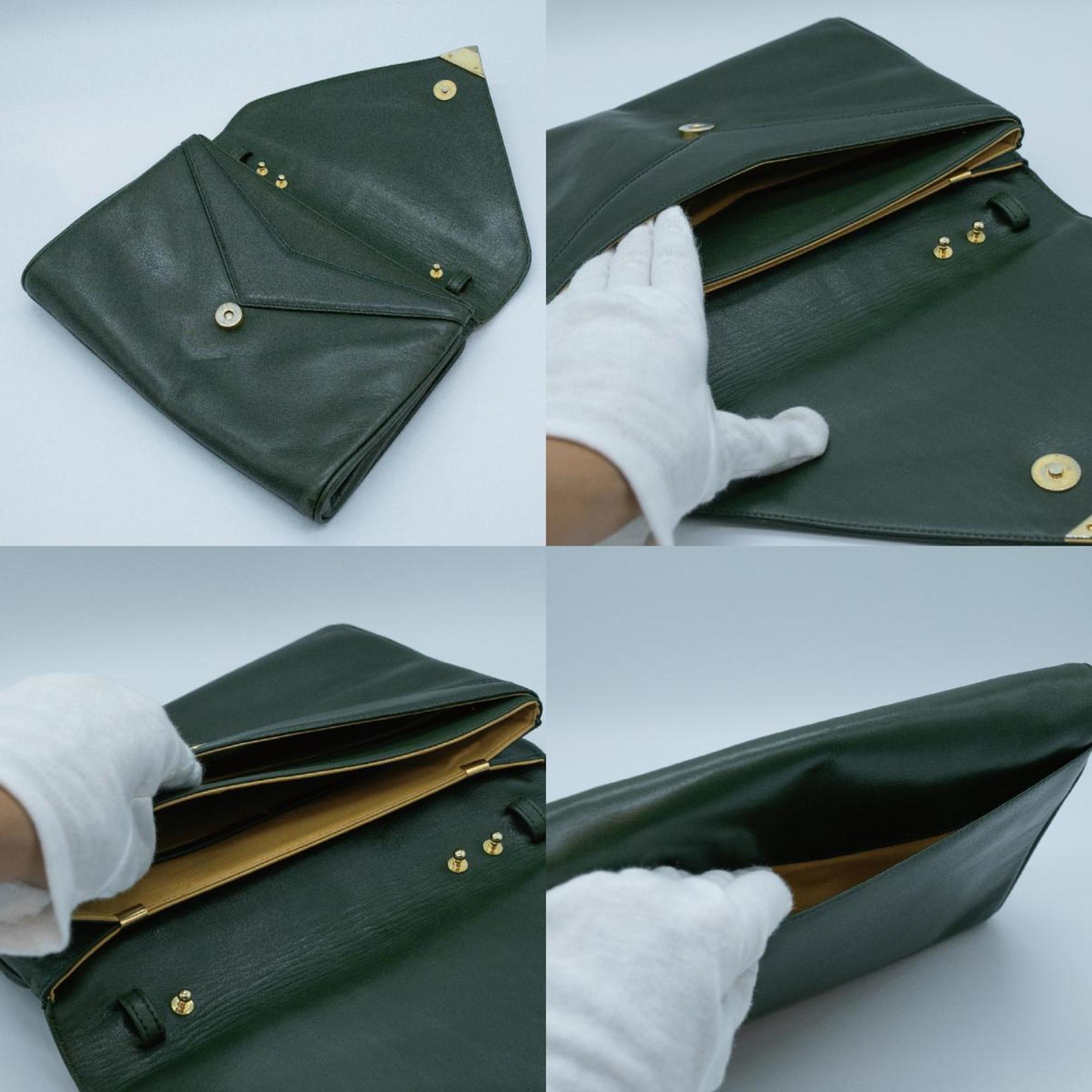 CELINE Clutch bag Triangle plate Leather Green Gold PD441